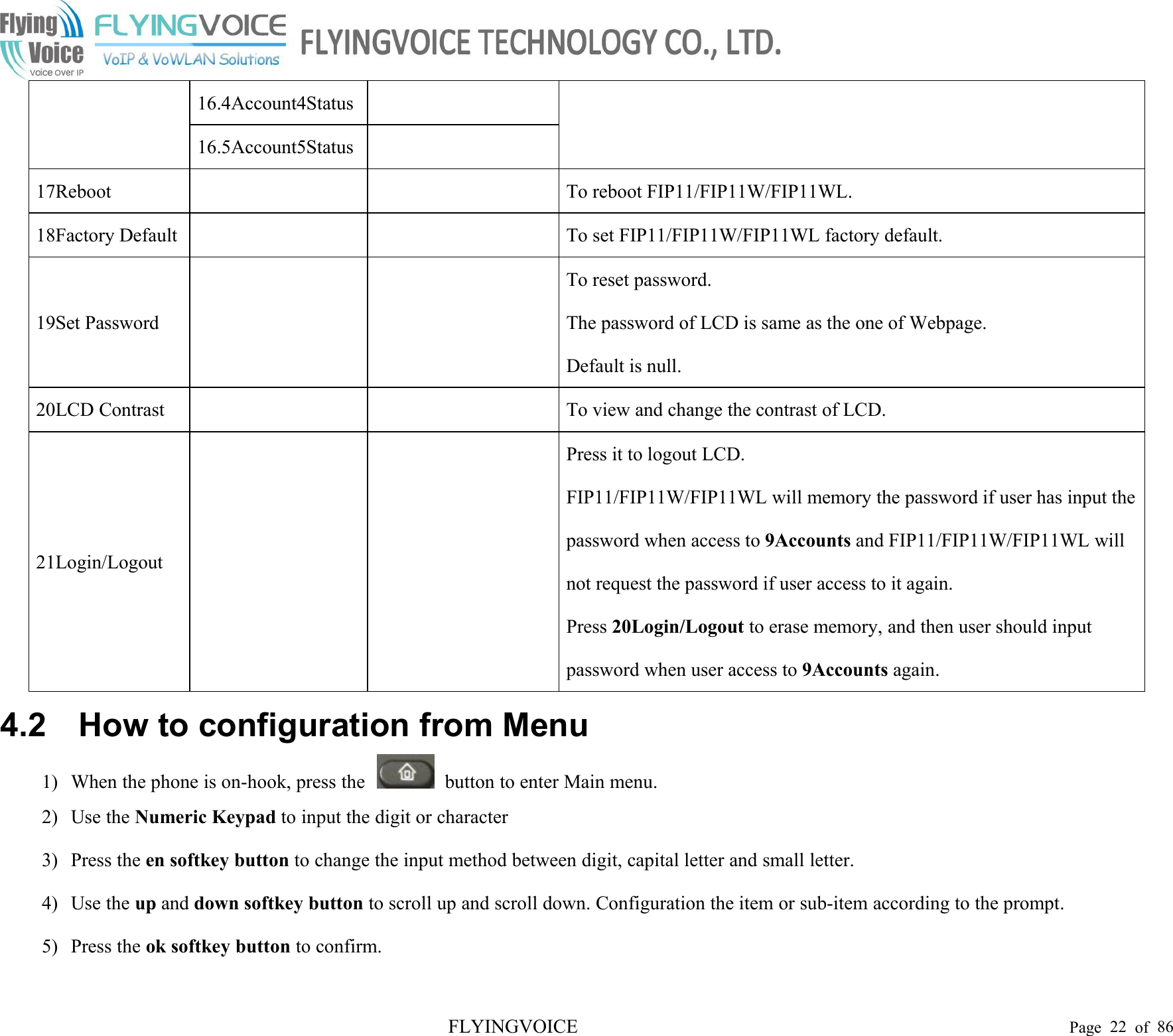 FLYINGVOICE Page 22 of 8616.4Account4Status16.5Account5Status17RebootTo reboot FIP11/FIP11W/FIP11WL.18Factory DefaultTo set FIP11/FIP11W/FIP11WL factory default.19Set PasswordTo reset password.The password of LCD is same as the one of Webpage.Default is null.20LCD ContrastTo view and change the contrast of LCD.21Login/LogoutPress it to logout LCD.FIP11/FIP11W/FIP11WL will memory the password if user has input thepassword when access to 9Accounts and FIP11/FIP11W/FIP11WL willnot request the password if user access to it again.Press 20Login/Logout to erase memory, and then user should inputpassword when user access to 9Accounts again.4.2 How to configuration from Menu1) When the phone is on-hook, press the button to enter Main menu.2) Use the Numeric Keypad to input the digit or character3) Press the en softkey button to change the input method between digit, capital letter and small letter.4) Use the up and down softkey button to scroll up and scroll down. Configuration the item or sub-item according to the prompt.5) Press the ok softkey button to confirm.