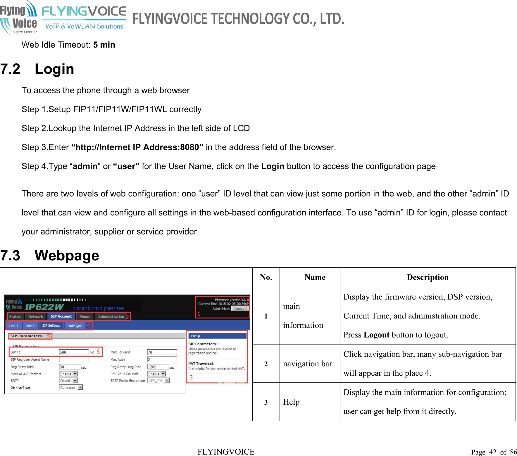 FLYINGVOICE Page 42 of 86Web Idle Timeout: 5 min7.2 LoginTo access the phone through a web browserStep 1.Setup FIP11/FIP11W/FIP11WL correctlyStep 2.Lookup the Internet IP Address in the left side of LCDStep 3.Enter “http://Internet IP Address:8080” in the address field of the browser.Step 4.Type “admin” or “user” for the User Name, click on the Login button to access the configuration pageThere are two levels of web configuration: one “user” ID level that can view just some portion in the web, and the other “admin” IDlevel that can view and configure all settings in the web-based configuration interface. To use “admin” ID for login, please contactyour administrator, supplier or service provider.7.3 WebpageNo.NameDescription1maininformationDisplay the firmware version, DSP version,Current Time, and administration mode.Press Logout button to logout.2navigation barClick navigation bar, many sub-navigation barwill appear in the place 4.3HelpDisplay the main information for configuration;user can get help from it directly.