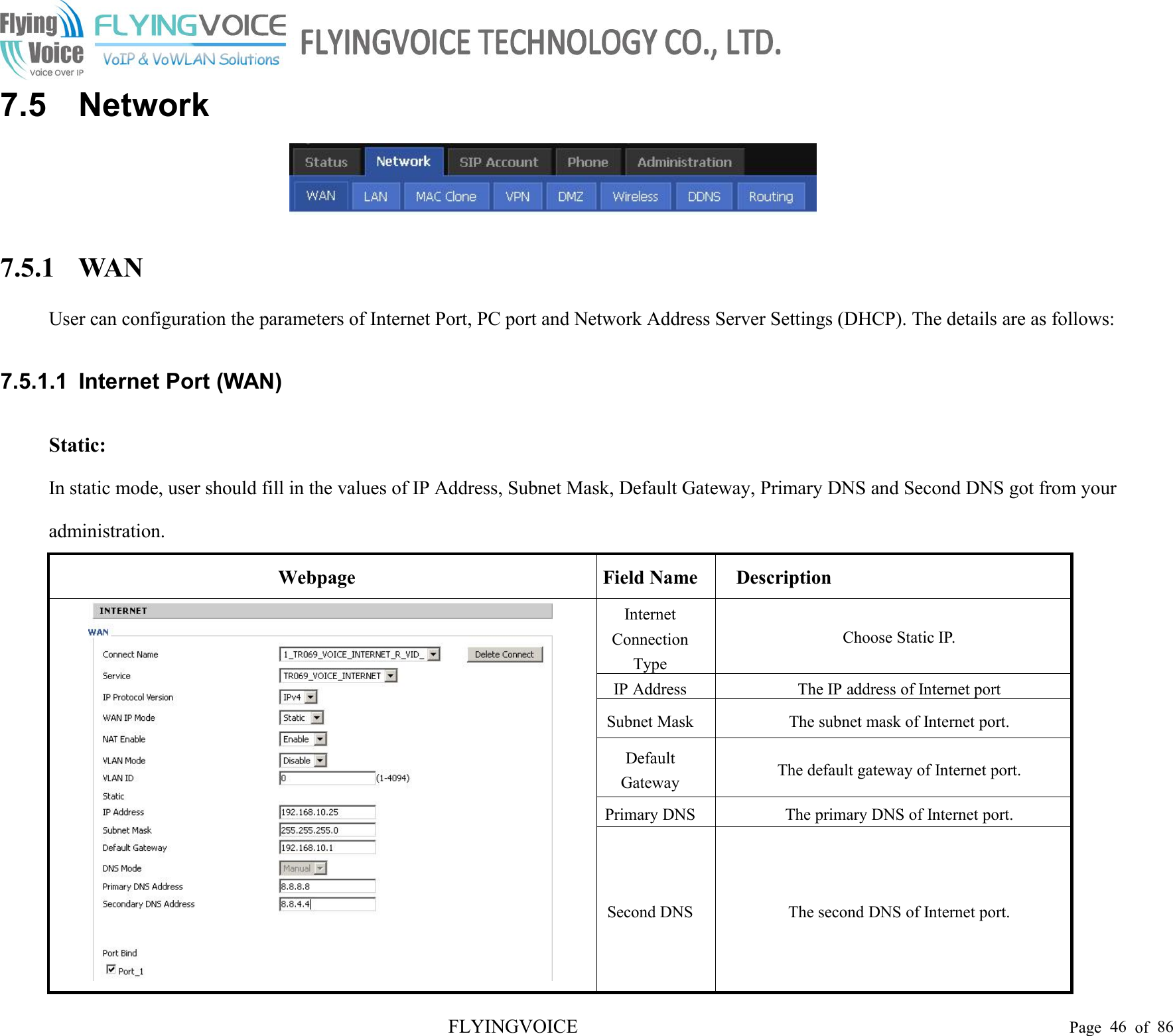 FLYINGVOICE Page 46 of 867.5 Network7.5.1 WANUser can configuration the parameters of Internet Port, PC port and Network Address Server Settings (DHCP). The details are as follows:7.5.1.1 Internet Port (WAN)Static:In static mode, user should fill in the values of IP Address, Subnet Mask, Default Gateway, Primary DNS and Second DNS got from youradministration.WebpageField NameDescriptionInternetConnectionTypeChoose Static IP.IP AddressThe IP address of Internet portSubnet MaskThe subnet mask of Internet port.DefaultGatewayThe default gateway of Internet port.Primary DNSThe primary DNS of Internet port.Second DNSThe second DNS of Internet port.