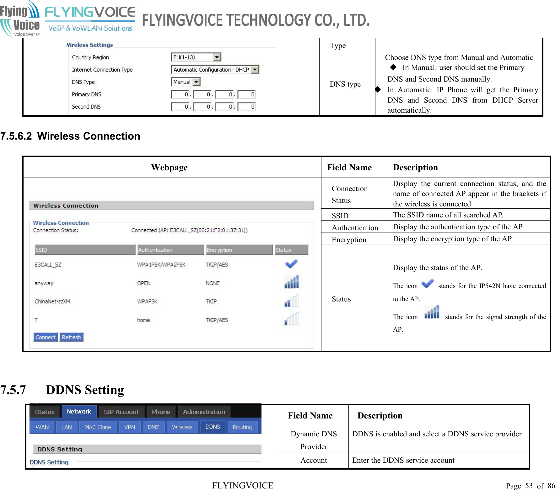 FLYINGVOICE Page 53 of 86TypeDNS typeChoose DNS type from Manual and AutomaticIn Manual: user should set the PrimaryDNS and Second DNS manually.In Automatic: IP Phone will get the PrimaryDNS and Second DNS from DHCP Serverautomatically.7.5.6.2 Wireless ConnectionWebpageField NameDescriptionConnectionStatusDisplay the current connection status, and thename of connected AP appear in the brackets ifthe wireless is connected.SSIDThe SSID name of all searched AP.AuthenticationDisplay the authentication type of the APEncryptionDisplay the encryption type of the APStatusDisplay the status of the AP.The icon stands for the IP542N have connectedto the AP.The icon stands for the signal strength of theAP.7.5.7 DDNS SettingField NameDescriptionDynamic DNSProviderDDNS is enabled and select a DDNS service providerAccountEnter the DDNS service account