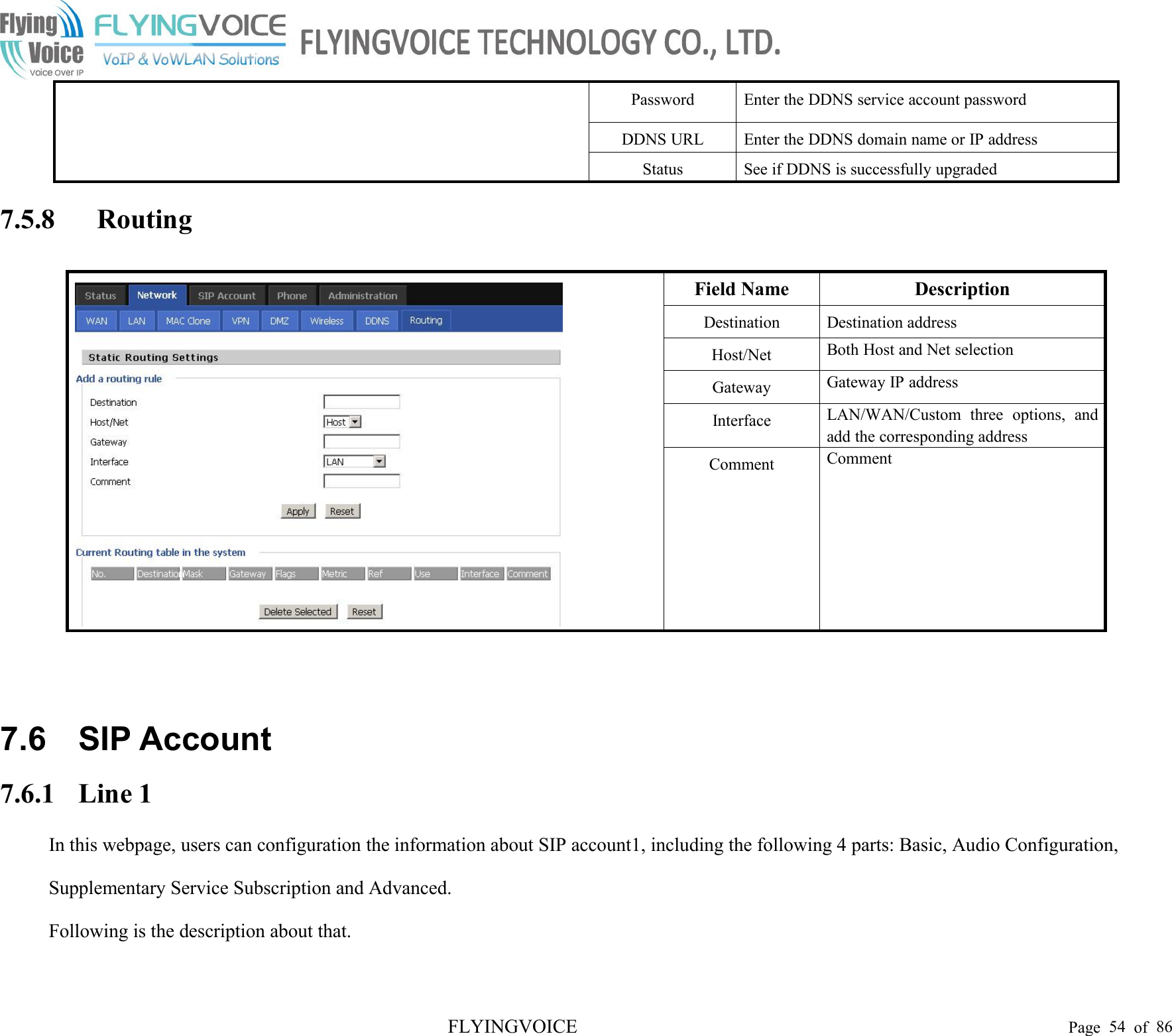 FLYINGVOICE Page 54 of 86PasswordEnter the DDNS service account passwordDDNS URLEnter the DDNS domain name or IP addressStatusSee if DDNS is successfully upgraded7.5.8 RoutingField NameDescriptionDestinationDestination addressHost/NetBoth Host and Net selectionGatewayGateway IP addressInterfaceLAN/WAN/Custom three options, andadd the corresponding addressCommentComment7.6 SIP Account7.6.1 Line 1In this webpage, users can configuration the information about SIP account1, including the following 4 parts: Basic, Audio Configuration,Supplementary Service Subscription and Advanced.Following is the description about that.