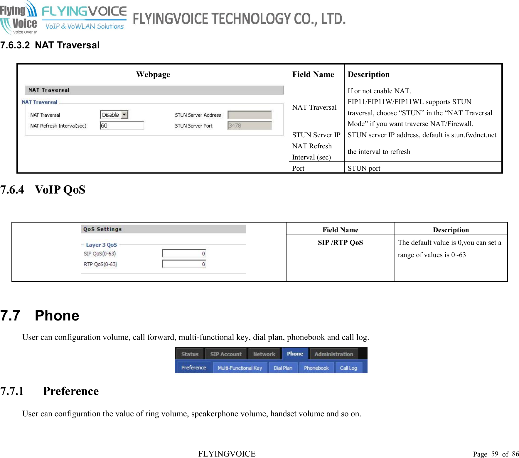 FLYINGVOICE Page 59 of 867.6.3.2 NAT TraversalWebpageField NameDescriptionNAT TraversalIf or not enable NAT.FIP11/FIP11W/FIP11WL supports STUNtraversal, choose “STUN” in the “NAT TraversalMode” if you want traverse NAT/Firewall.STUN Server IPSTUN server IP address, default is stun.fwdnet.netNAT RefreshInterval (sec)the interval to refreshPortSTUN port7.6.4 VoIP QoSField NameDescriptionSIP /RTP QoSThe default value is 0,you can set arange of values is 0~637.7 PhoneUser can configuration volume, call forward, multi-functional key, dial plan, phonebook and call log.7.7.1 PreferenceUser can configuration the value of ring volume, speakerphone volume, handset volume and so on.