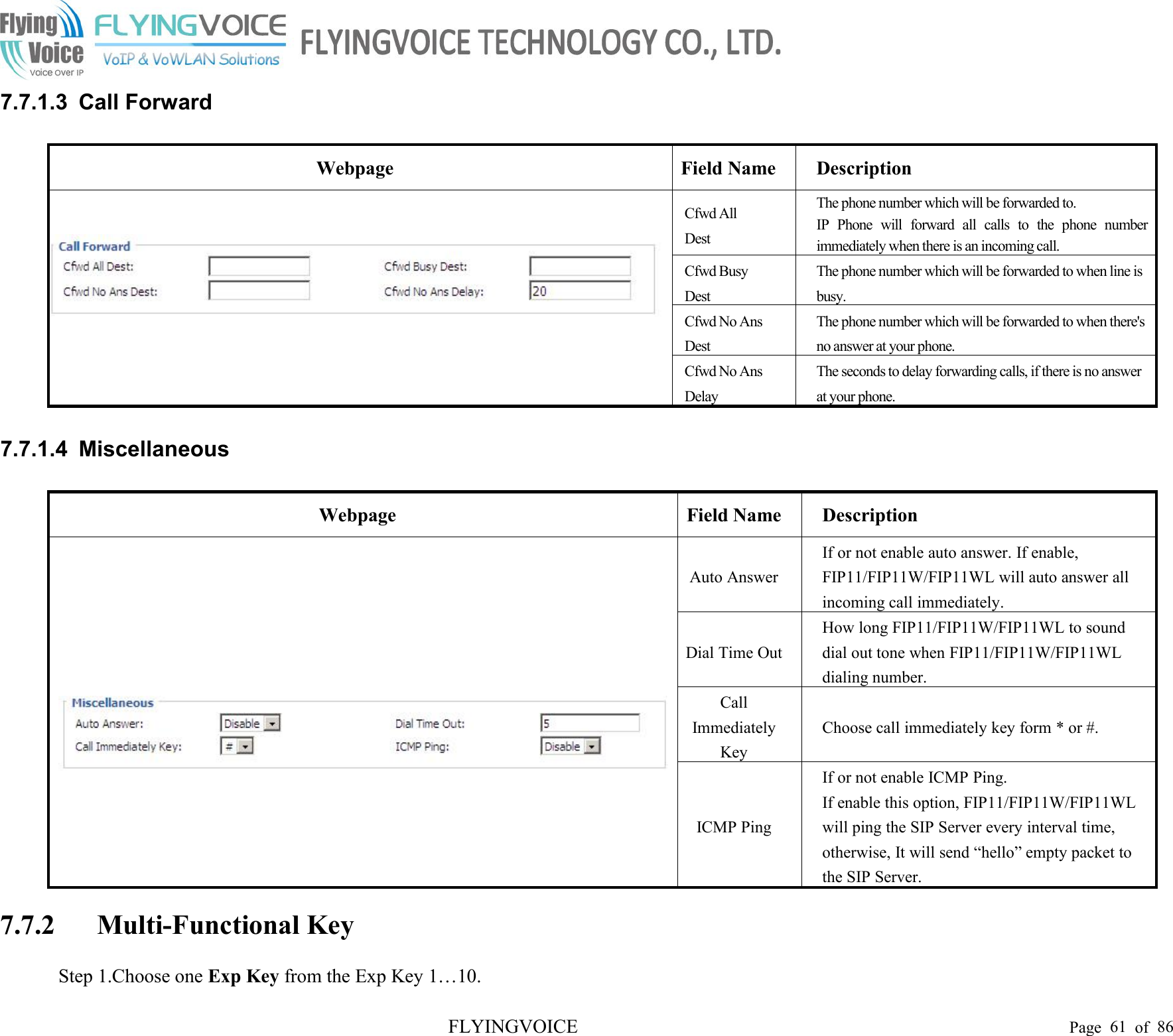 FLYINGVOICE Page 61 of 867.7.1.3 Call ForwardWebpageField NameDescriptionCfwd AllDestThe phone number which will be forwarded to.IP Phone will forward all calls to the phone numberimmediately when there is an incoming call.Cfwd BusyDestThe phone number which will be forwarded to when line isbusy.Cfwd No AnsDestThe phone number which will be forwarded to when there&apos;sno answer at your phone.Cfwd No AnsDelayThe seconds to delay forwarding calls, if there is no answerat your phone.7.7.1.4 MiscellaneousWebpageField NameDescriptionAuto AnswerIf or not enable auto answer. If enable,FIP11/FIP11W/FIP11WL will auto answer allincoming call immediately.Dial Time OutHow long FIP11/FIP11W/FIP11WL to sounddial out tone when FIP11/FIP11W/FIP11WLdialing number.CallImmediatelyKeyChoose call immediately key form * or #.ICMP PingIf or not enable ICMP Ping.If enable this option, FIP11/FIP11W/FIP11WLwill ping the SIP Server every interval time,otherwise, It will send “hello” empty packet tothe SIP Server.7.7.2 Multi-Functional KeyStep 1.Choose one Exp Key from the Exp Key 1…10.