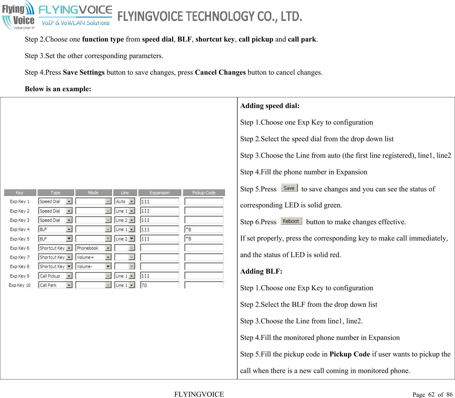 FLYINGVOICE Page 62 of 86Step 2.Choose one function type from speed dial,BLF,shortcut key,call pickup and call park.Step 3.Set the other corresponding parameters.Step 4.Press Save Settings button to save changes, press Cancel Changes button to cancel changes.Below is an example:Adding speed dial:Step 1.Choose one Exp Key to configurationStep 2.Select the speed dial from the drop down listStep 3.Choose the Line from auto (the first line registered), line1, line2Step 4.Fill the phone number in ExpansionStep 5.Press to save changes and you can see the status ofcorresponding LED is solid green.Step 6.Press button to make changes effective.If set properly, press the corresponding key to make call immediately,and the status of LED is solid red.Adding BLF:Step 1.Choose one Exp Key to configurationStep 2.Select the BLF from the drop down listStep 3.Choose the Line from line1, line2.Step 4.Fill the monitored phone number in ExpansionStep 5.Fill the pickup code in Pickup Code if user wants to pickup thecall when there is a new call coming in monitored phone.