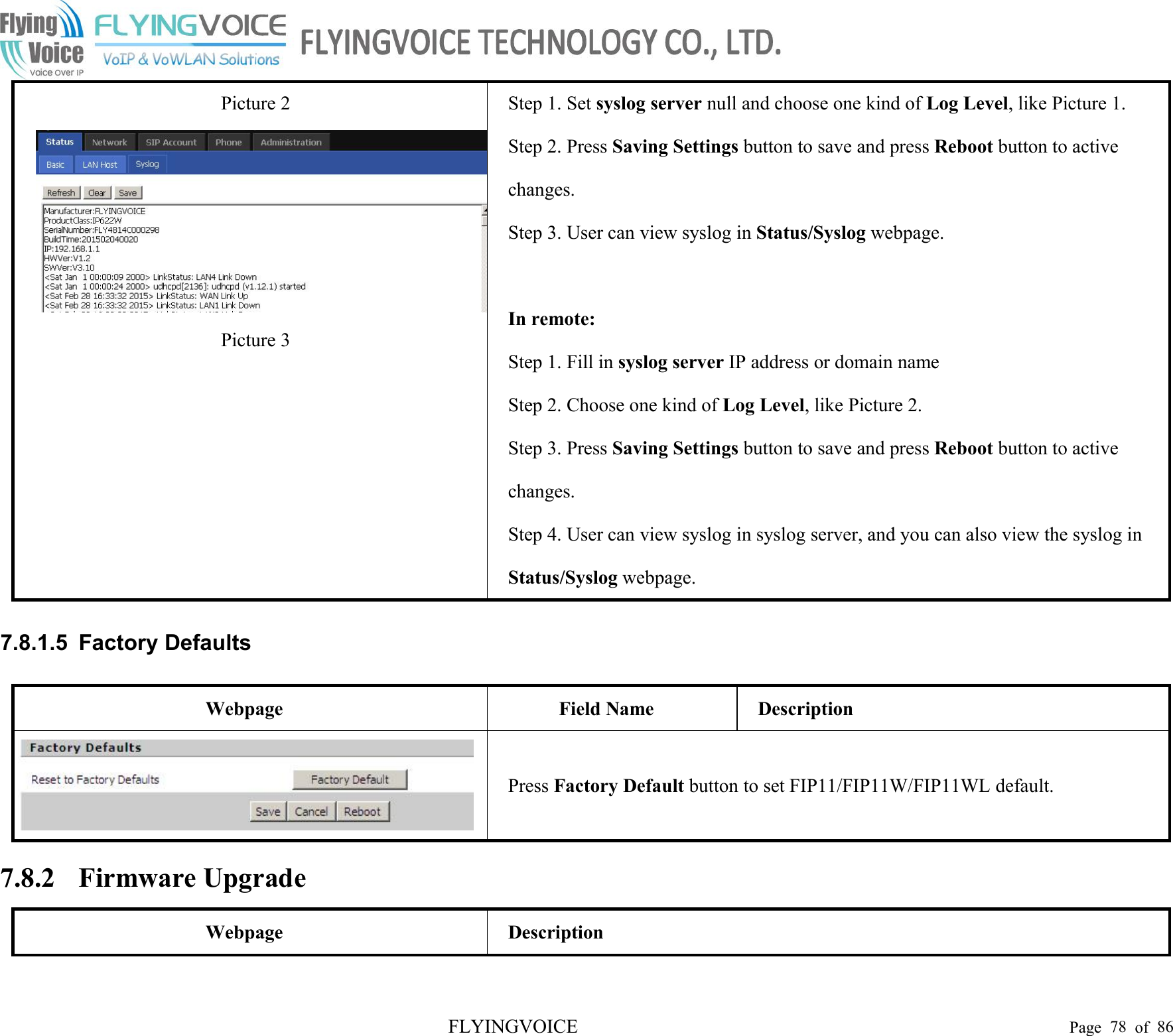 FLYINGVOICE Page 78 of 86Picture 2Picture 3Step 1. Set syslog server null and choose one kind of Log Level, like Picture 1.Step 2. Press Saving Settings button to save and press Reboot button to activechanges.Step 3. User can view syslog in Status/Syslog webpage.In remote:Step 1. Fill in syslog server IP address or domain nameStep 2. Choose one kind of Log Level, like Picture 2.Step 3. Press Saving Settings button to save and press Reboot button to activechanges.Step 4. User can view syslog in syslog server, and you can also view the syslog inStatus/Syslog webpage.7.8.1.5 Factory DefaultsWebpageField NameDescriptionPress Factory Default button to set FIP11/FIP11W/FIP11WL default.7.8.2 Firmware UpgradeWebpageDescription