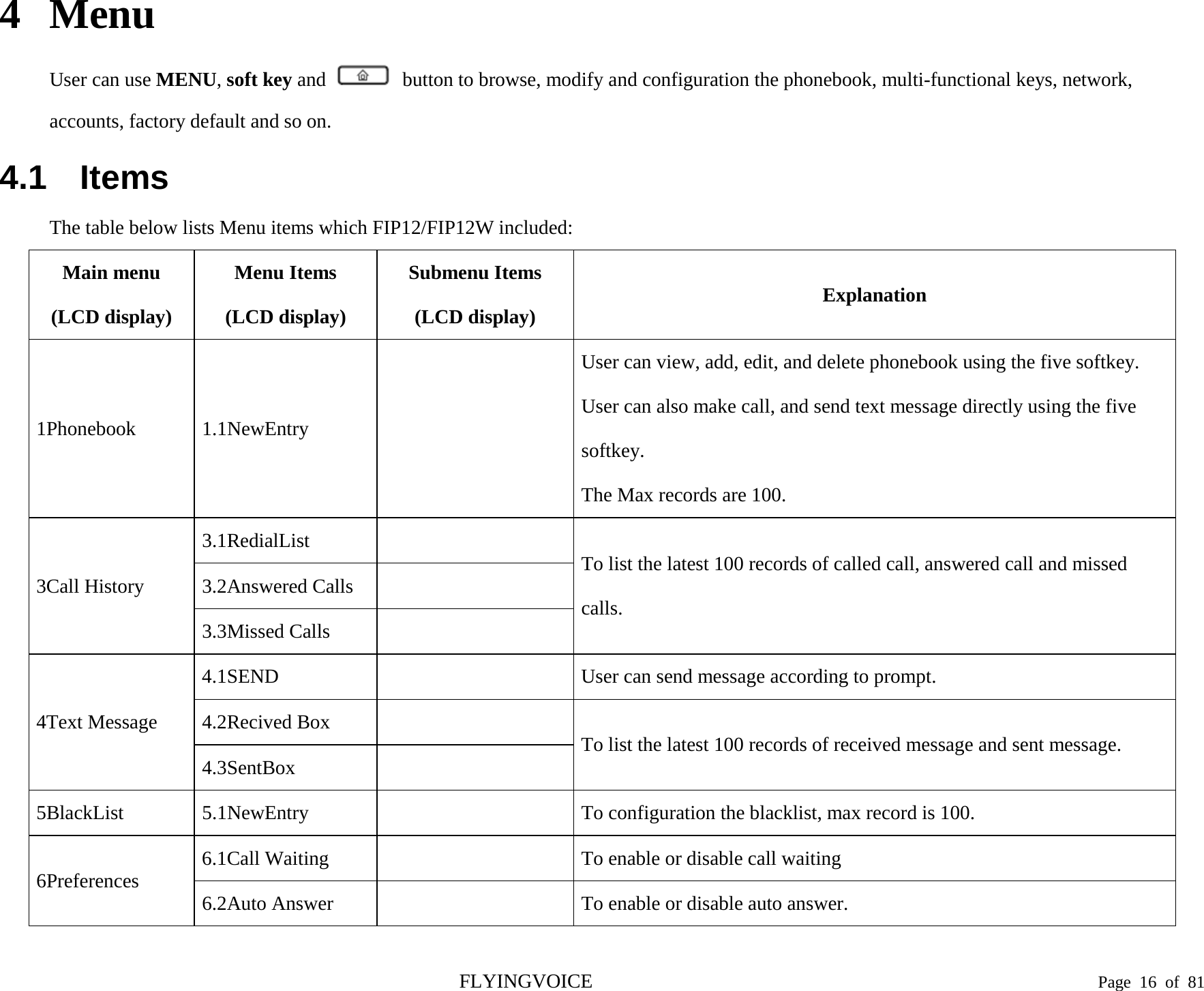  4 Menu User can use MENU, soft key and   button to browse, modify and configuration the phonebook, multi-functional keys, network, accounts, factory default and so on. 4.1 Items The table below lists Menu items which FIP12/FIP12W included: Main menu (LCD display) Menu Items (LCD display) Submenu Items (LCD display) Explanation 1Phonebook 1.1NewEntry   User can view, add, edit, and delete phonebook using the five softkey. User can also make call, and send text message directly using the five softkey. The Max records are 100. 3Call History 3.1RedialList    To list the latest 100 records of called call, answered call and missed calls. 3.2Answered Calls   3.3Missed Calls   4Text Message 4.1SEND    User can send message according to prompt. 4.2Recived Box    To list the latest 100 records of received message and sent message. 4.3SentBox   5BlackList 5.1NewEntry    To configuration the blacklist, max record is 100. 6Preferences 6.1Call Waiting    To enable or disable call waiting 6.2Auto Answer    To enable or disable auto answer. FLYINGVOICE                                                                               Page  16 of  81 