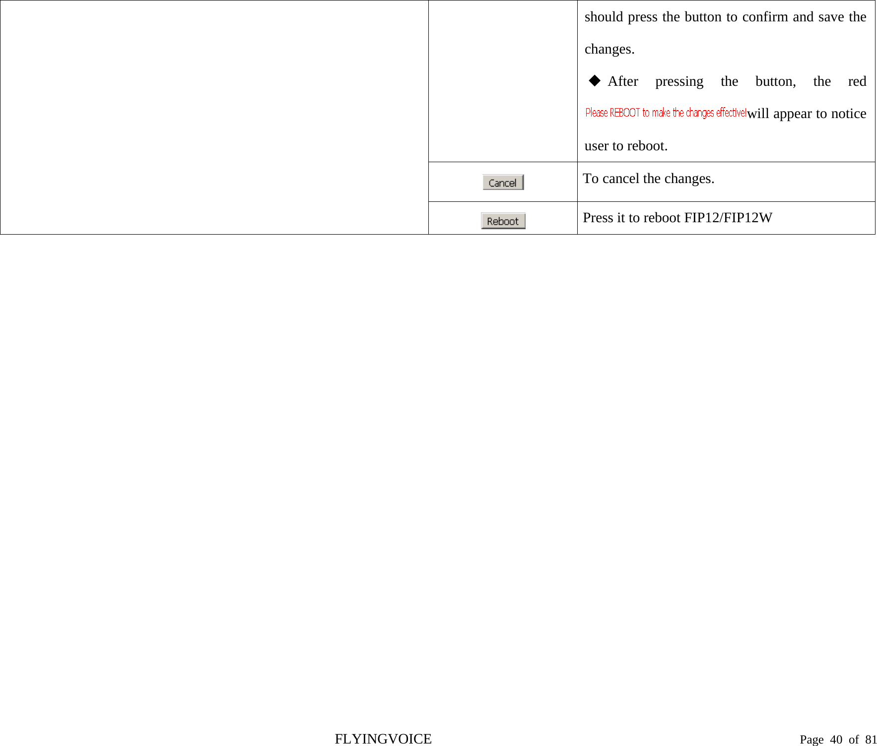  should press the button to confirm and save the changes.  After pressing the button, the red will appear to notice user to reboot.  To cancel the changes.  Press it to reboot FIP12/FIP12W  FLYINGVOICE                                                                               Page  40 of  81 