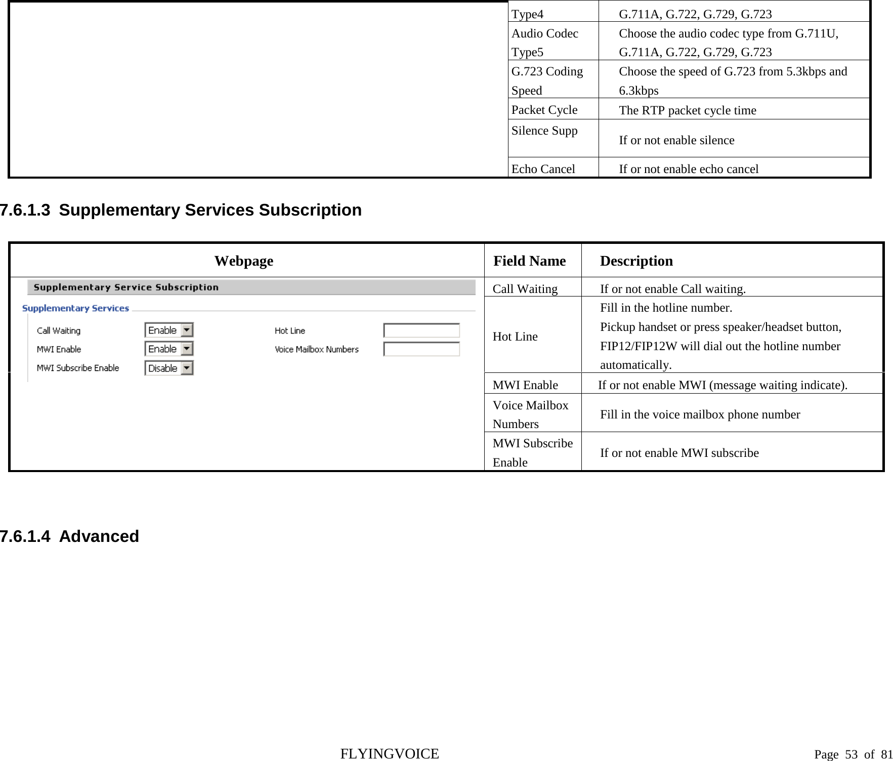  Type4 G.711A, G.722, G.729, G.723 Audio Codec   Type5 Choose the audio codec type from G.711U, G.711A, G.722, G.729, G.723 G.723 Coding Speed Choose the speed of G.723 from 5.3kbps and 6.3kbps Packet Cycle The RTP packet cycle time Silence Supp  If or not enable silence Echo Cancel If or not enable echo cancel 7.6.1.3  Supplementary Services Subscription Webpage Field Name Description  Call Waiting If or not enable Call waiting. Hot Line Fill in the hotline number. Pickup handset or press speaker/headset button, FIP12/FIP12W will dial out the hotline number automatically. MWI Enable If or not enable MWI (message waiting indicate). Voice Mailbox   Numbers Fill in the voice mailbox phone number MWI Subscribe Enable If or not enable MWI subscribe    7.6.1.4  Advanced      FLYINGVOICE                                                                               Page  53 of  81 