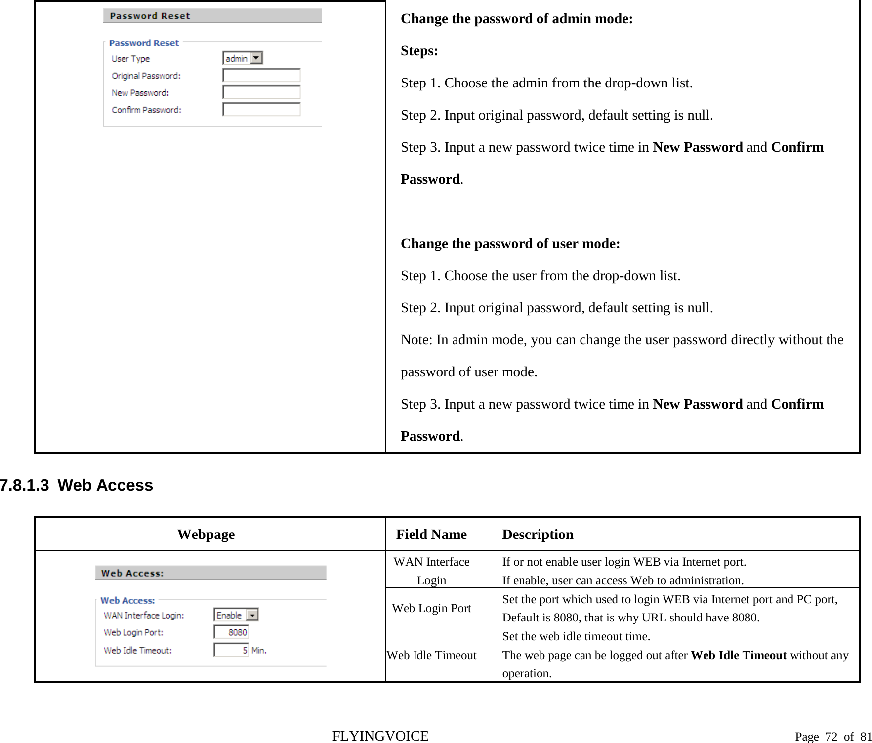   Change the password of admin mode: Steps: Step 1. Choose the admin from the drop-down list. Step 2. Input original password, default setting is null. Step 3. Input a new password twice time in New Password and Confirm Password.  Change the password of user mode: Step 1. Choose the user from the drop-down list. Step 2. Input original password, default setting is null. Note: In admin mode, you can change the user password directly without the password of user mode. Step 3. Input a new password twice time in New Password and Confirm Password. 7.8.1.3  Web Access Webpage Field Name Description  WAN Interface Login If or not enable user login WEB via Internet port. If enable, user can access Web to administration. Web Login Port  Set the port which used to login WEB via Internet port and PC port, Default is 8080, that is why URL should have 8080. Web Idle Timeout Set the web idle timeout time. The web page can be logged out after Web Idle Timeout without any operation. FLYINGVOICE                                                                               Page  72 of  81 