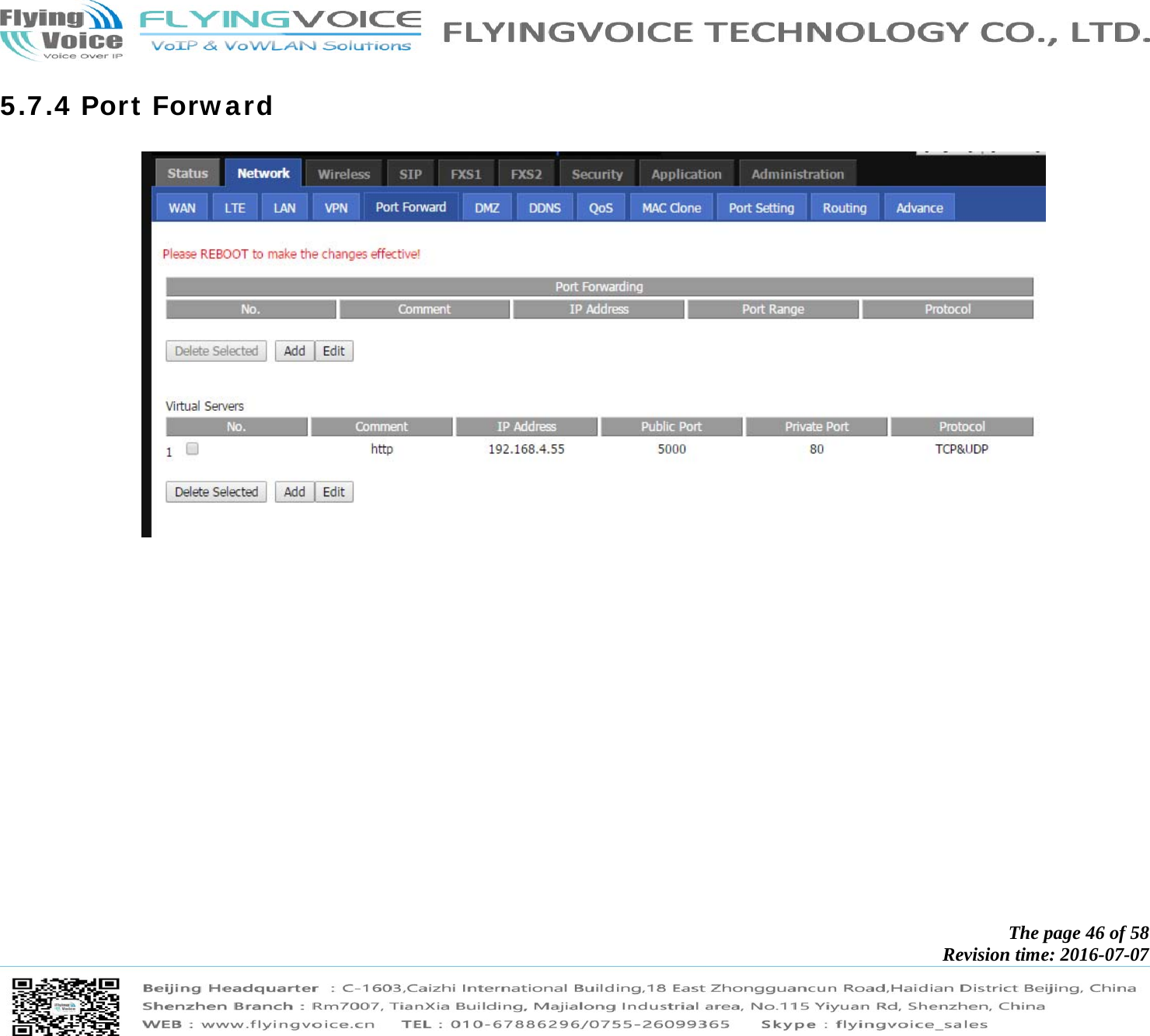            The page 46 of 58 Revision time: 2016-07-07       5.7.4 Port Forward  