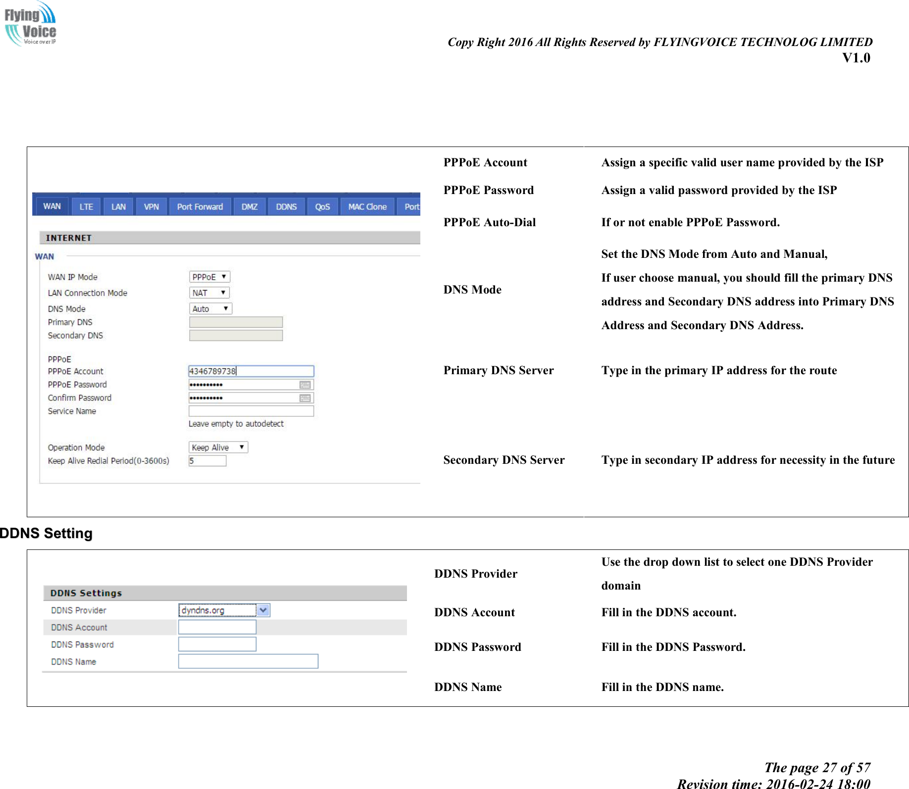                                                                                                                               Copy Right 2016 All Rights Reserved by FLYINGVOICE TECHNOLOG LIMITED V1.0 The page 27 of 57 Revision time: 2016-02-24 18:00                 PPPoE Account  Assign a specific valid user name provided by the ISP PPPoE Password  Assign a valid password provided by the ISP PPPoE Auto-Dial  If or not enable PPPoE Password. DNS Mode Set the DNS Mode from Auto and Manual, If user choose manual, you should fill the primary DNS address and Secondary DNS address into Primary DNS Address and Secondary DNS Address. Primary DNS Server  Type in the primary IP address for the route Secondary DNS Server  Type in secondary IP address for necessity in the future DDDDNNSS  SSeettttiinngg   DDNS Provider Use the drop down list to select one DDNS Provider domain   DDNS Account  Fill in the DDNS account. DDNS Password  Fill in the DDNS Password. DDNS Name  Fill in the DDNS name. 