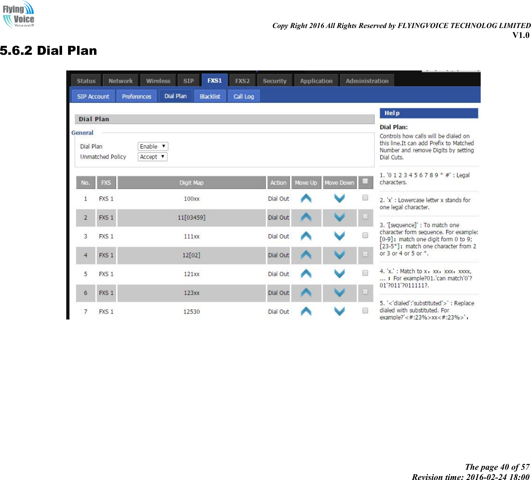                                                                                                                               Copy Right 2016 All Rights Reserved by FLYINGVOICE TECHNOLOG LIMITED V1.0 The page 40 of 57 Revision time: 2016-02-24 18:00    5.6.2 Dial Plan  