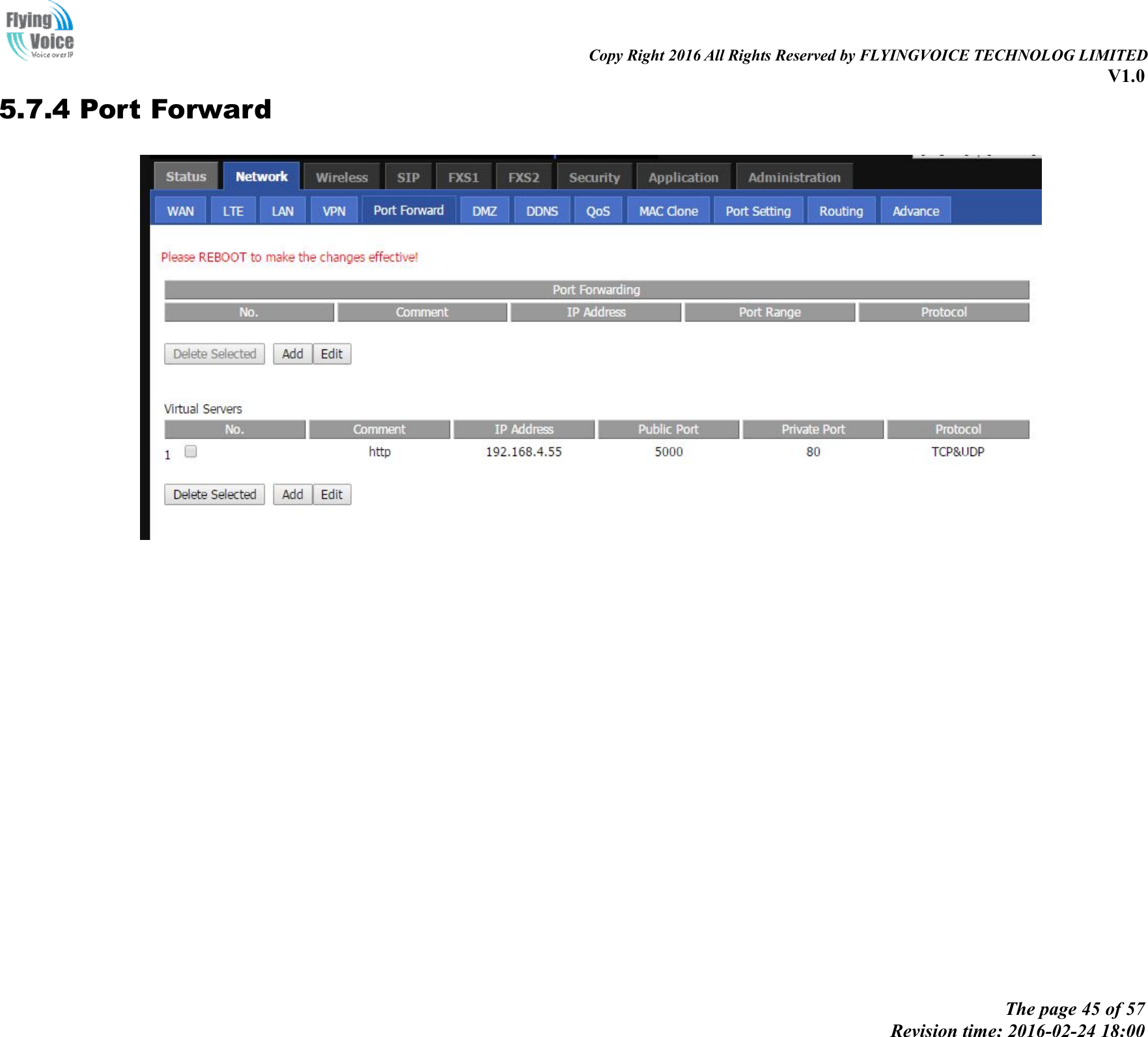                                                                                                                               Copy Right 2016 All Rights Reserved by FLYINGVOICE TECHNOLOG LIMITED V1.0 The page 45 of 57 Revision time: 2016-02-24 18:00    5.7.4 Port Forward  