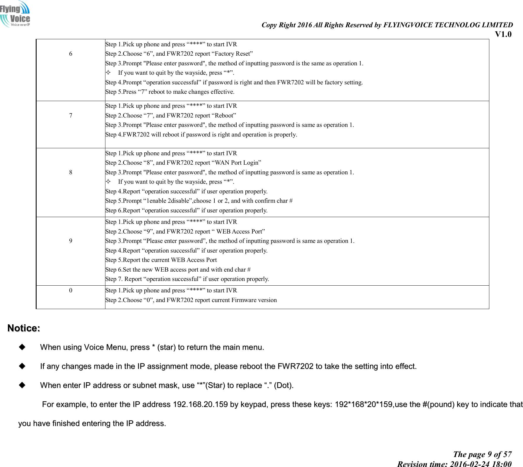                                                                                                                               Copy Right 2016 All Rights Reserved by FLYINGVOICE TECHNOLOG LIMITED V1.0 The page 9 of 57 Revision time: 2016-02-24 18:00     6  Step 1.Pick up phone and press “****” to start IVR   Step 2.Choose “6”, and FWR7202 report “Factory Reset” Step 3.Prompt &quot;Please enter password&quot;, the method of inputting password is the same as operation 1.  If you want to quit by the wayside, press “*”. Step 4.Prompt “operation successful” if password is right and then FWR7202 will be factory setting. Step 5.Press “7” reboot to make changes effective.   7  Step 1.Pick up phone and press “****” to start IVR   Step 2.Choose “7”, and FWR7202 report “Reboot” Step 3.Prompt &quot;Please enter password&quot;, the method of inputting password is same as operation 1. Step 4.FWR7202 will reboot if password is right and operation is properly.    8  Step 1.Pick up phone and press “****” to start IVR   Step 2.Choose “8”, and FWR7202 report “WAN Port Login” Step 3.Prompt &quot;Please enter password&quot;, the method of inputting password is same as operation 1.  If you want to quit by the wayside, press “*”. Step 4.Report “operation successful” if user operation properly. Step 5.Prompt “1enable 2disable”,choose 1 or 2, and with confirm char # Step 6.Report “operation successful” if user operation properly.    9 Step 1.Pick up phone and press “****” to start IVR   Step 2.Choose “9”, and FWR7202 report “ WEB Access Port” Step 3.Prompt “Please enter password”, the method of inputting password is same as operation 1. Step 4.Report “operation successful” if user operation properly. Step 5.Report the current WEB Access Port Step 6.Set the new WEB access port and with end char # Step 7. Report “operation successful” if user operation properly. 0  Step 1.Pick up phone and press “****” to start IVR   Step 2.Choose “0”, and FWR7202 report current Firmware version  NNoottiiccee::    WWhheenn  uussiinngg  VVooiiccee  MMeennuu,,  pprreessss  **  ((ssttaarr))  ttoo  rreettuurrnn  tthhee  mmaaiinn  mmeennuu..    IIff  aannyy  cchhaannggeess  mmaaddee  iinn  tthhee  IIPP  aassssiiggnnmmeenntt  mmooddee,,  pplleeaassee  rreebboooott  tthhee  FFWWRR77220022  ttoo  ttaakkee  tthhee  sseettttiinngg  iinnttoo  eeffffeecctt..    WWhheenn  eenntteerr  IIPP  aaddddrreessss  oorr  ssuubbnneett  mmaasskk,,  uussee  ““**””((SSttaarr))  ttoo  rreeppllaaccee  ““..””  ((DDoott))..  FFoorr  eexxaammppllee,,  ttoo  eenntteerr  tthhee  IIPP  aaddddrreessss  119922..116688..2200..115599  bbyy  kkeeyyppaadd,,  pprreessss  tthheessee  kkeeyyss::  119922**116688**2200**115599,,uussee  tthhee  ##((ppoouunndd))  kkeeyy  ttoo  iinnddiiccaattee  tthhaatt  yyoouu  hhaavvee  ffiinniisshheedd  eenntteerriinngg  tthhee  IIPP  aaddddrreessss..  