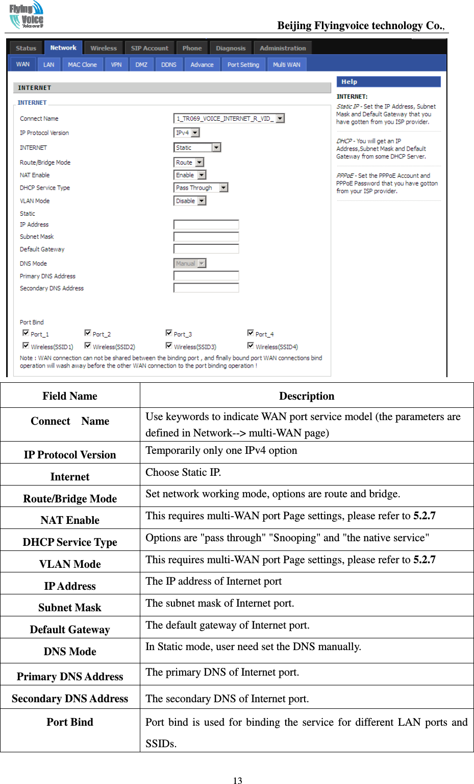                                                  Beijing Flyingvoice technology Co.,   13 Field Name  Description Connect    Name  Use keywords to indicate WAN port service model (the parameters are defined in Network--&gt; multi-WAN page) IP Protocol Version  Temporarily only one IPv4 option Internet    Choose Static IP. Route/Bridge Mode  Set network working mode, options are route and bridge. NAT Enable  This requires multi-WAN port Page settings, please refer to 5.2.7 DHCP Service Type  Options are &quot;pass through&quot; &quot;Snooping&quot; and &quot;the native service&quot; VLAN Mode  This requires multi-WAN port Page settings, please refer to 5.2.7 IP Address  The IP address of Internet port Subnet Mask  The subnet mask of Internet port. Default Gateway  The default gateway of Internet port. DNS Mode  In Static mode, user need set the DNS manually. Primary DNS Address  The primary DNS of Internet port. Secondary DNS Address  The secondary DNS of Internet port. Port Bind  Port  bind  is  used  for  binding  the  service for  different  LAN  ports  and SSIDs.  