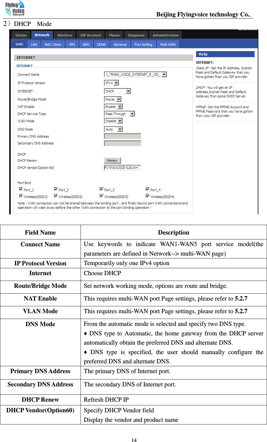                                                  Beijing Flyingvoice technology Co.,   142）DHCP    Mode   Field Name  Description Connect Name  Use  keywords  to  indicate  WAN1-WAN5  port  service  model(the parameters are defined in Network--&gt; multi-WAN page) IP Protocol Version  Temporarily only one IPv4 option Internet    Choose DHCP Route/Bridge Mode  Set network working mode, options are route and bridge. NAT Enable  This requires multi-WAN port Page settings, please refer to 5.2.7 VLAN Mode  This requires multi-WAN port Page settings, please refer to 5.2.7 DNS Mode  From the automatic mode is selected and specify two DNS type. ♦  DNS  type  to  Automatic,  the  home gateway  from the  DHCP server automatically obtain the preferred DNS and alternate DNS. ♦  DNS  type  is  specified,  the  user  should  manually  configure  the preferred DNS and alternate DNS. Primary DNS Address  The primary DNS of Internet port. Secondary DNS Address  The secondary DNS of Internet port. DHCP Renew  Refresh DHCP IP DHCP Vendor(Option60)                 Specify DHCP Vendor field Display the vendor and product name 