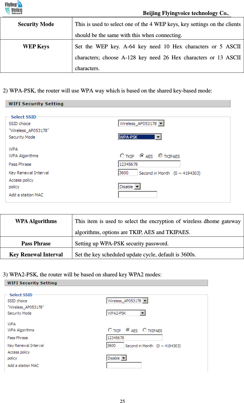                                                  Beijing Flyingvoice technology Co.,   25Security Mode  This is used to select one of the 4 WEP keys, key settings on the clients should be the same with this when connecting. WEP Keys  Set  the  WEP  key.  A-64  key  need  10  Hex  characters  or  5  ASCII characters;  choose  A-128  key  need  26  Hex  characters  or  13  ASCII characters.  2) WPA-PSK, the router will use WPA way which is based on the shared key-based mode:   WPA Algorithms  This item is used  to  select  the  encryption of wireless dhome gateway algorithms, options are TKIP, AES and TKIPAES. Pass Phrase  Setting up WPA-PSK security password. Key Renewal Interval  Set the key scheduled update cycle, default is 3600s.  3) WPA2-PSK, the router will be based on shared key WPA2 modes:    