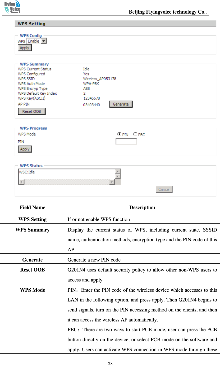                                                  Beijing Flyingvoice technology Co.,   28 Field Name  Description WPS Setting  If or not enable WPS function WPS Summary  Display  the  current  status  of  WPS,  including  current  state,  SSSID name, authentication methods, encryption type and the PIN code of this AP. Generate  Generate a new PIN code Reset OOB  G201N4 uses default security policy to allow other non-WPS users to access and apply. WPS Mode  PIN：Enter the PIN code of the wireless device which accesses to this LAN in the following option, and press apply. Then G201N4 begins to send signals, turn on the PIN accessing method on the clients, and then it can access the wireless AP automatically. PBC：There are two ways to start PCB mode, user can press the PCB button directly on the device, or select PCB mode on the software and apply. Users can activate WPS connection in WPS mode through these 