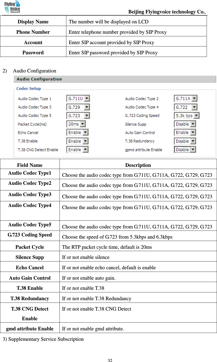                                                  Beijing Flyingvoice technology Co.,   32Display Name  The number will be displayed on LCD Phone Number  Enter telephone number provided by SIP Proxy Account  Enter SIP account provided by SIP Proxy Password  Enter SIP password provided by SIP Proxy  2) Audio Configuration  Field Name Description Audio Codec Type1  Choose the audio codec type from G.711U, G.711A, G.722, G.729, G.723 Audio Codec Type2  Choose the audio codec type from G.711U, G.711A, G.722, G.729, G.723 Audio Codec Type3  Choose the audio codec type from G.711U, G.711A, G.722, G.729, G.723 Audio Codec Type4  Choose the audio codec type from G.711U, G.711A, G.722, G.729, G.723 Audio Codec Type5  Choose the audio codec type from G.711U, G.711A, G.722, G.729, G.723 G.723 Coding Speed  Choose the speed of G.723 from 5.3kbps and 6.3kbps Packet Cycle  The RTP packet cycle time, default is 20ms Silence Supp  If or not enable silence Echo Cancel  If or not enable echo cancel, default is enable Auto Gain Control  If or not enable auto gain. T.38 Enable  If or not enable T.38 T.38 Redundancy  If or not enable T.38 Redundancy T.38 CNG Detect Enable If or not enable T.38 CNG Detect   gmd attribute Enable  If or not enable gmd attribute. 3) Supplementary Service Subscription 