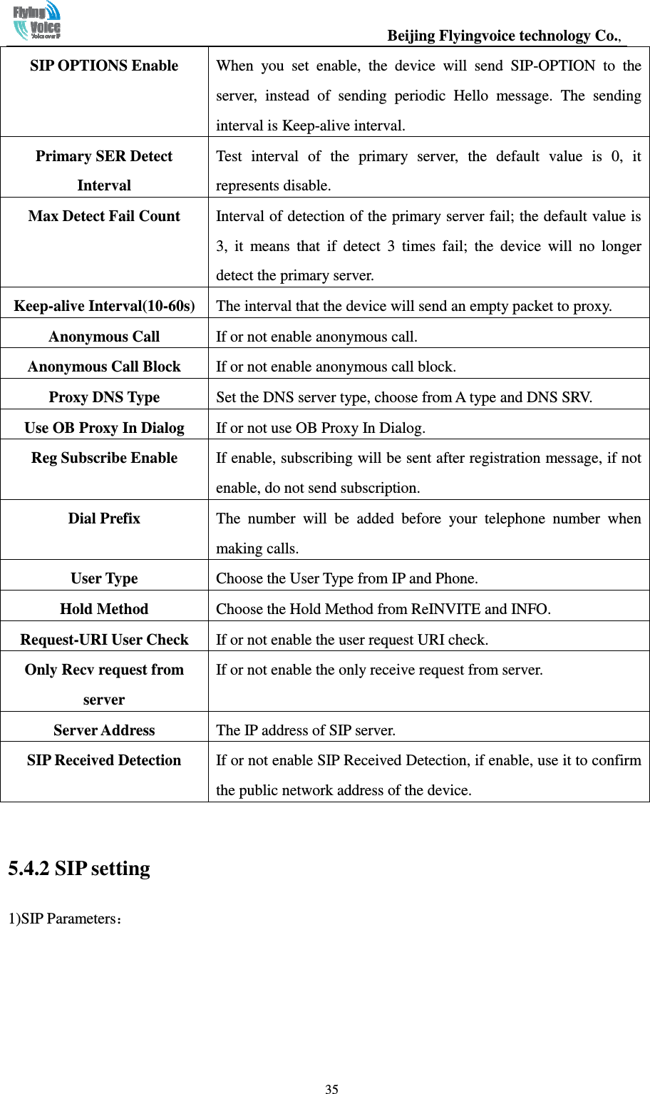                                                  Beijing Flyingvoice technology Co.,   35SIP OPTIONS Enable  When  you  set  enable,  the  device  will  send  SIP-OPTION  to  the server,  instead  of  sending  periodic  Hello  message.  The  sending interval is Keep-alive interval. Primary SER Detect Interval Test  interval  of  the  primary  server,  the  default  value  is  0,  it represents disable. Max Detect Fail Count  Interval of detection of the primary server fail; the default value is 3,  it  means  that  if  detect  3  times  fail;  the  device  will  no  longer detect the primary server. Keep-alive Interval(10-60s) The interval that the device will send an empty packet to proxy. Anonymous Call  If or not enable anonymous call. Anonymous Call Block  If or not enable anonymous call block. Proxy DNS Type  Set the DNS server type, choose from A type and DNS SRV. Use OB Proxy In Dialog  If or not use OB Proxy In Dialog. Reg Subscribe Enable  If enable, subscribing will be sent after registration message, if not enable, do not send subscription. Dial Prefix  The  number  will  be  added  before  your  telephone  number  when making calls. User Type  Choose the User Type from IP and Phone. Hold Method  Choose the Hold Method from ReINVITE and INFO. Request-URI User Check  If or not enable the user request URI check. Only Recv request from server If or not enable the only receive request from server. Server Address  The IP address of SIP server. SIP Received Detection  If or not enable SIP Received Detection, if enable, use it to confirm the public network address of the device.  5.4.2 SIP setting 1)SIP Parameters： 