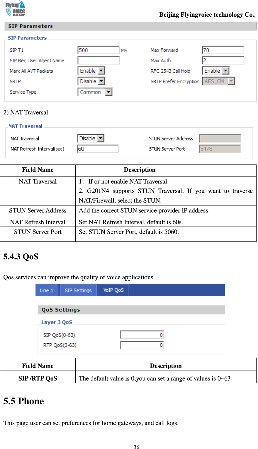                                                  Beijing Flyingvoice technology Co.,   36 2) NAT Traversal  Field Name                                Description NAT Traversal  1．If or not enable NAT Traversal 2.  G201N4  supports  STUN  Traversal;  If  you  want  to  traverse NAT/Firewall, select the STUN. STUN Server Address  Add the correct STUN service provider IP address. NAT Refresh Interval  Set NAT Refresh Interval, default is 60s. STUN Server Port  Set STUN Server Port, default is 5060. 5.4.3 QoS Qos services can improve the quality of voice applications  Field Name  Description SIP /RTP QoS  The default value is 0,you can set a range of values is 0~63 5.5 Phone This page user can set preferences for home gateways, and call logs. 