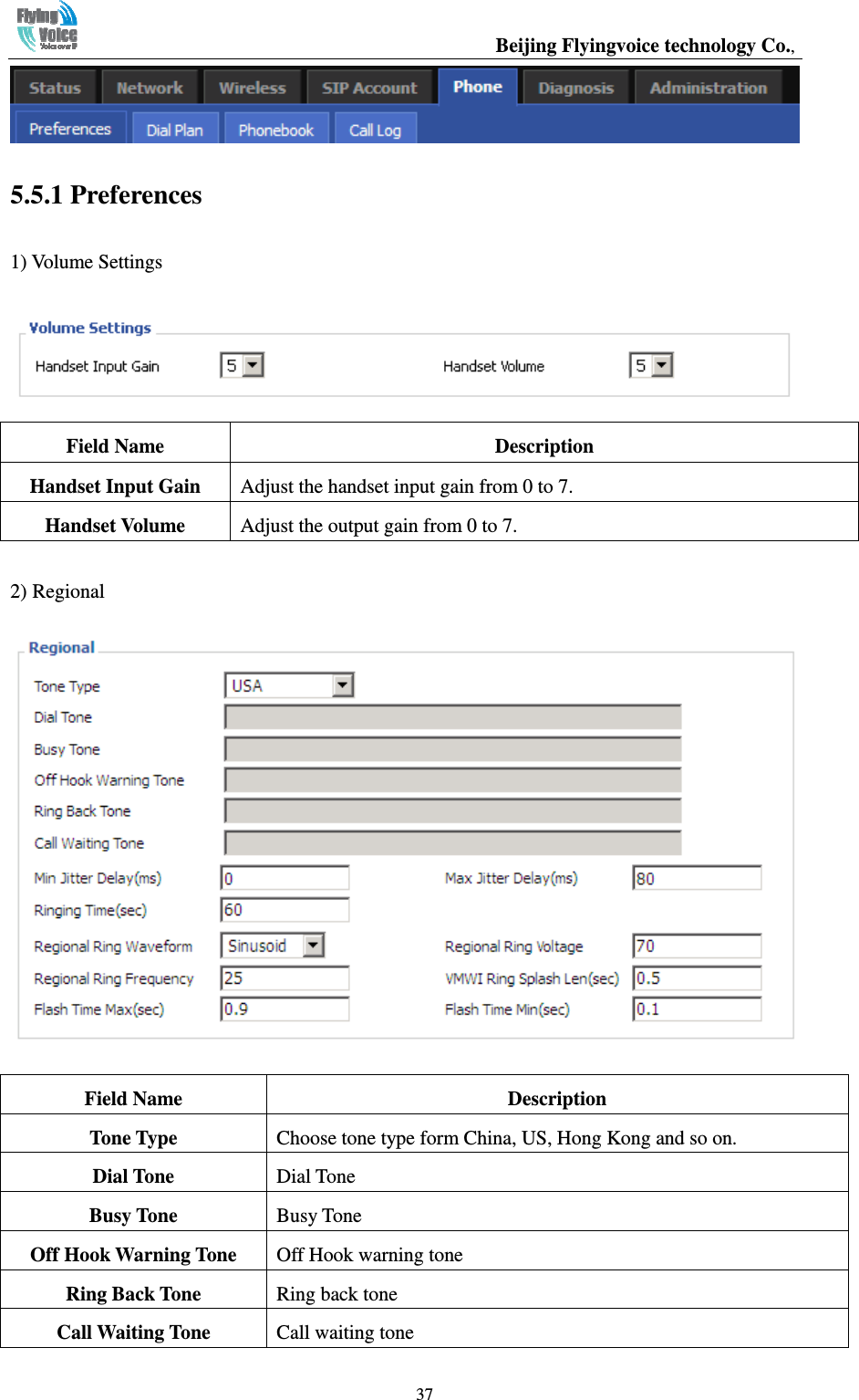                                                  Beijing Flyingvoice technology Co.,   37 5.5.1 Preferences 1) Volume Settings  Field Name  Description Handset Input Gain  Adjust the handset input gain from 0 to 7. Handset Volume  Adjust the output gain from 0 to 7. 2) Regional  Field Name  Description Tone Type  Choose tone type form China, US, Hong Kong and so on. Dial Tone  Dial Tone Busy Tone  Busy Tone Off Hook Warning Tone  Off Hook warning tone   Ring Back Tone  Ring back tone   Call Waiting Tone  Call waiting tone 