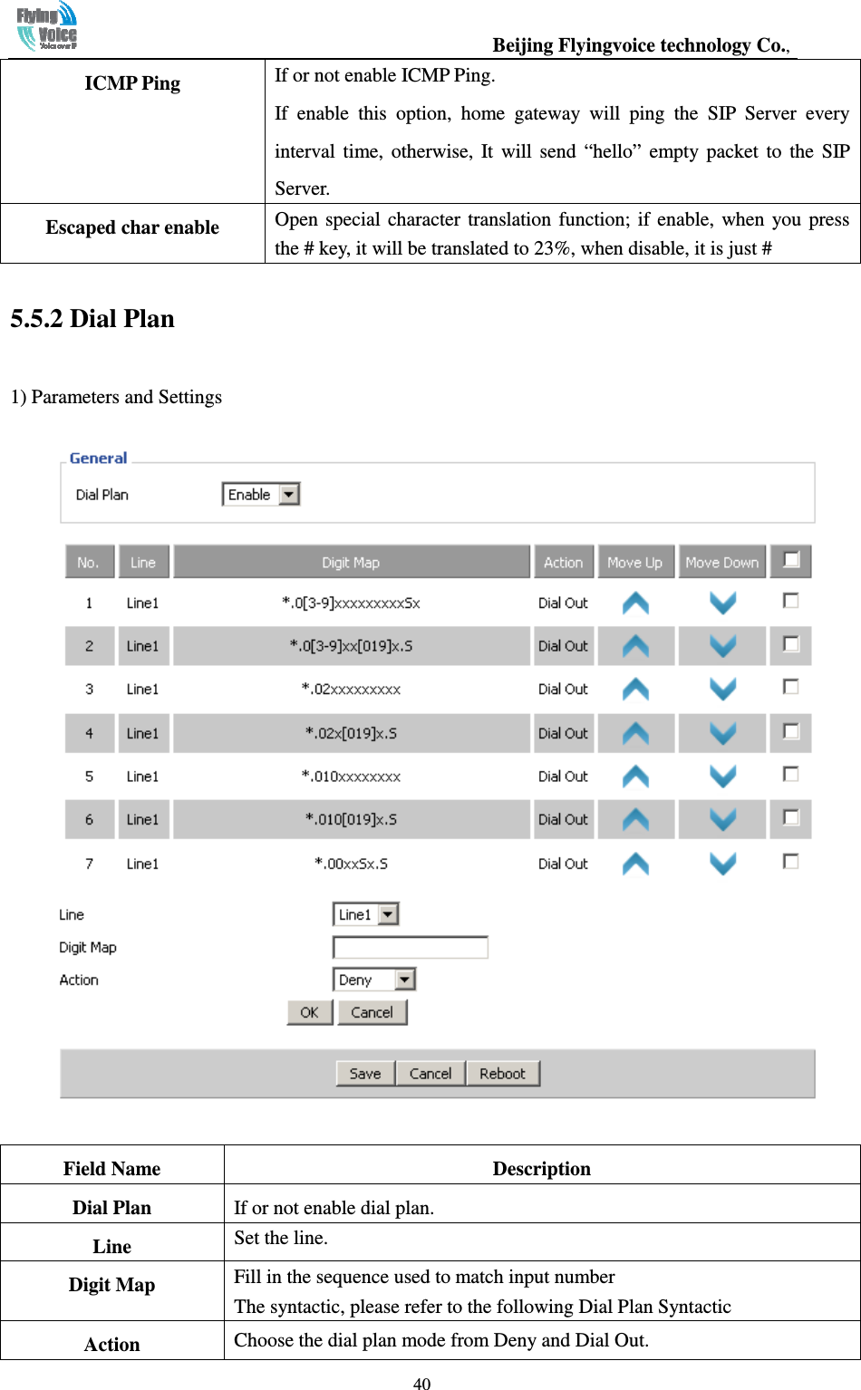                                                  Beijing Flyingvoice technology Co.,   40ICMP Ping  If or not enable ICMP Ping. If  enable  this  option,  home  gateway  will  ping  the  SIP  Server  every interval  time,  otherwise,  It  will  send  “hello”  empty  packet  to  the  SIP Server. Escaped char enable  Open  special character translation  function; if  enable,  when  you press the # key, it will be translated to 23%, when disable, it is just # 5.5.2 Dial Plan 1) Parameters and Settings   Field Name  Description Dial Plan  If or not enable dial plan. Line  Set the line. Digit Map  Fill in the sequence used to match input number The syntactic, please refer to the following Dial Plan Syntactic Action  Choose the dial plan mode from Deny and Dial Out. 