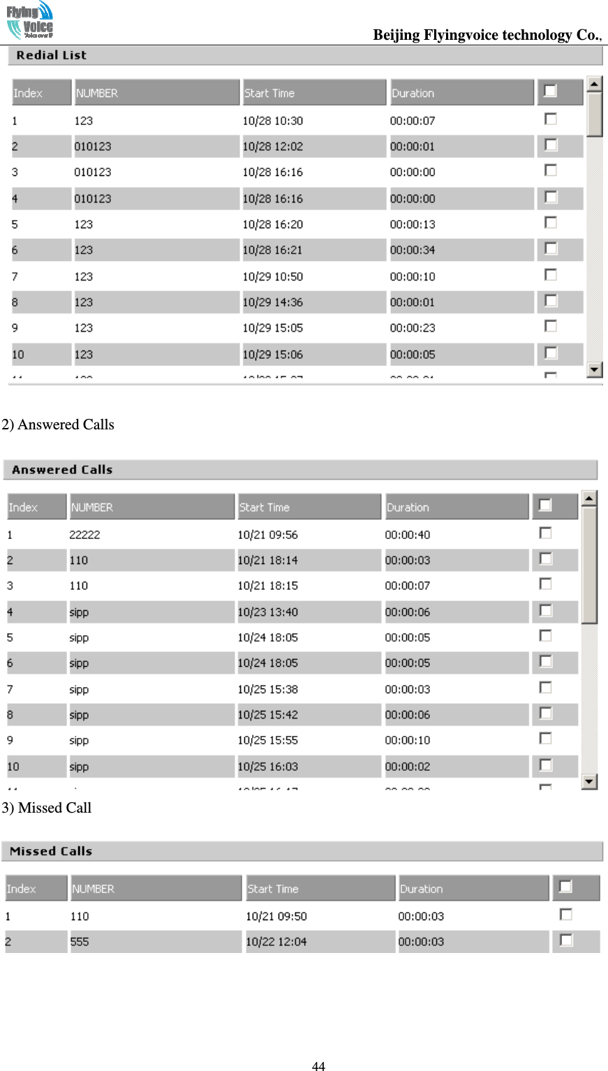                                                  Beijing Flyingvoice technology Co.,   44 2) Answered Calls 3) Missed Call  