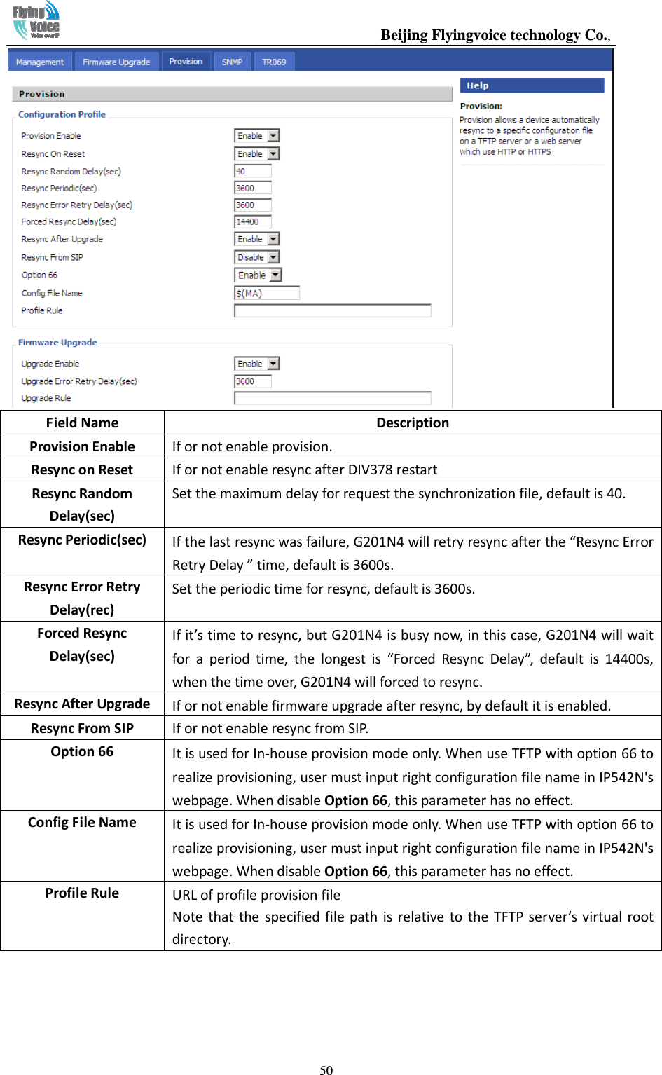                                                  Beijing Flyingvoice technology Co.,   50Field Name  Description Provision Enable  Resync on Reset  Resync Random Delay(sec) Resync Periodic(sec)  Resync Error Retry Delay(rec) Forced Resync Delay(sec)             Resync After Upgrade  Resync From SIP  Option 66  Option 66Config File Name  Option 66Profile Rule              