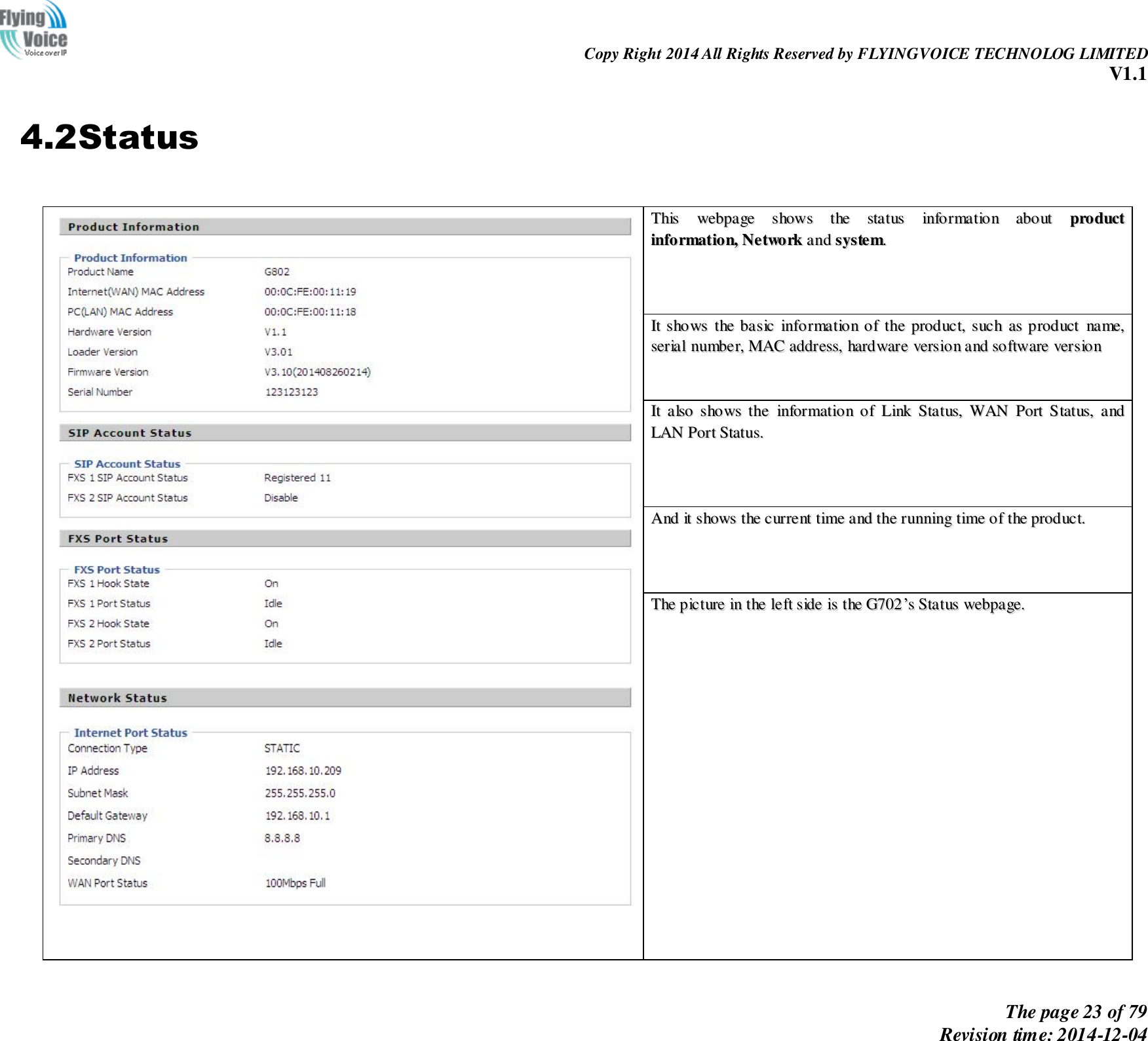                                                                Copy Right 2014 All Rights Reserved by FLYINGVOICE TECHNOLOG LIMITED V1.1 The page 23 of 79 Revision time: 2014-12-04    4.2Status      TThhiiss  wweebbppaaggee  sshhoowwss  tthhee  ssttaattuuss  iinnffoorrmmaattiioonn  aabboouutt  pprroodduucctt  iinnffoorrmmaattiioonn,,  NNeettwwoorrkk  aanndd  ssyysstteemm..        IItt  sshhoowwss  tthhee  bbaassiicc  iinnffoorrmmaattiioonn  ooff  tthhee  pprroodduucctt,,  ssuucchh  aass  pprroodduucctt  nnaammee,,  sseerriiaall  nnuummbbeerr,,  MMAACC  aaddddrreessss,,  hhaarrddwwaarree  vveerrssiioonn  aanndd  ssooffttwwaarree  vveerrssiioonn      IItt  aallssoo  sshhoowwss  tthhee  iinnffoorrmmaattiioonn  ooff  LLiinnkk  SSttaattuuss,,  WWAANN  PPoorrtt  SSttaattuuss,,  aanndd  LLAANN  PPoorrtt  SSttaattuuss..        AAnndd  iitt  sshhoowwss  tthhee  ccuurrrreenntt  ttiimmee  aanndd  tthhee  rruunnnniinngg  ttiimmee  ooff  tthhee  pprroodduucctt..        TThhee  ppiiccttuurree  iinn  tthhee  lleefftt  ssiiddee  iiss  tthhee  GG770022’’ss  SSttaattuuss  wweebbppaaggee..    