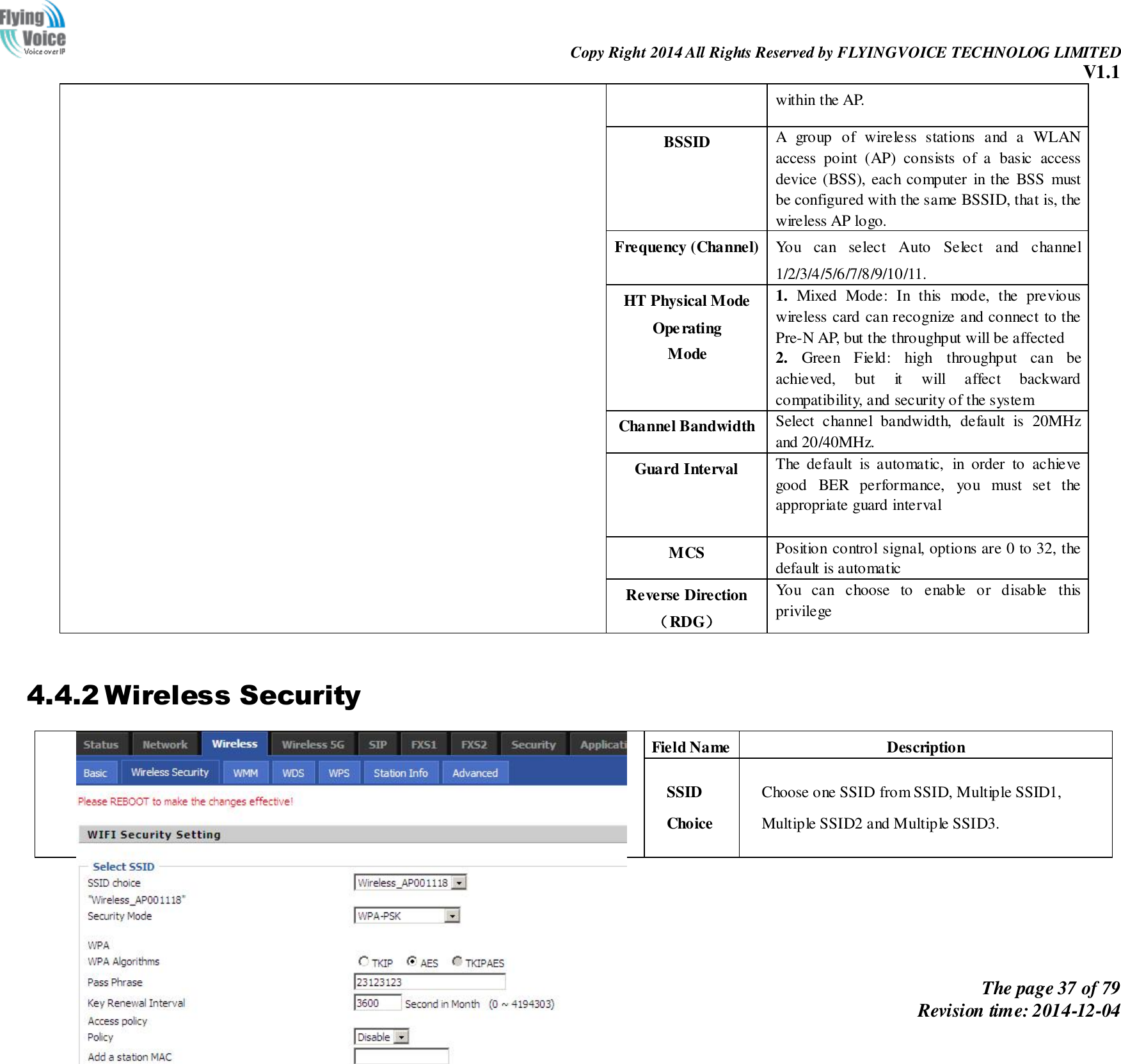                                                                Copy Right 2014 All Rights Reserved by FLYINGVOICE TECHNOLOG LIMITED V1.1 The page 37 of 79 Revision time: 2014-12-04    within the AP.   BSSID A  group  of  wireless  stations  and  a  WLAN access  point  (AP)  consists  of  a  basic  access device (BSS), each computer  in the  BSS  must be configured with the same BSSID, that is, the wireless AP logo. Frequency (Channel) You  can  select  Auto  Select  and  channel 1/2/3/4/5/6/7/8/9/10/11. HT Physical Mode Operating   Mode 1.  Mixed  Mode:  In  this  mode,  the  previous wireless card can recognize and connect to the Pre-N AP, but the throughput will be affected 2.  Green  Field:  high  throughput  can  be achieved,  but  it  will  affect  backward compatibility, and security of the system Channel Bandwidth Select  channel  bandwidth,  default  is  20MHz and 20/40MHz. Guard Interval The  default  is  automatic,  in  order  to  achieve good  BER  performance,  you  must  set  the appropriate guard interval  MCS Position control signal, options are 0 to 32, the default is automatic Reverse Direction（RDG） You  can  choose  to  enable  or  disable  this privilege  4.4.2 Wireless Security  Field Name Description SSID Choice Choose one SSID from SSID, Multiple SSID1, Multiple SSID2 and Multiple SSID3. 