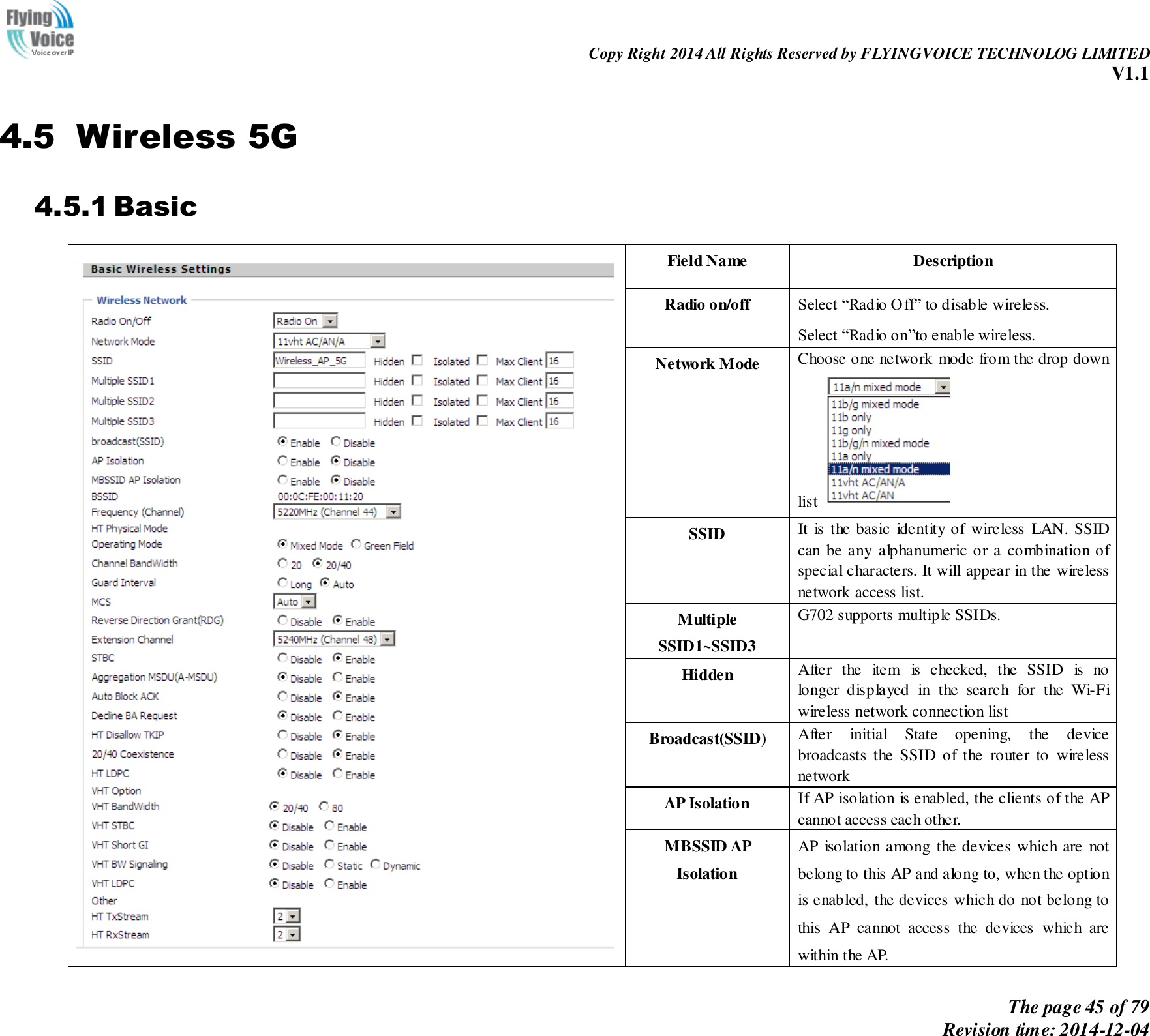                                                                Copy Right 2014 All Rights Reserved by FLYINGVOICE TECHNOLOG LIMITED V1.1 The page 45 of 79 Revision time: 2014-12-04    4.5 Wireless 5G 4.5.1 Basic  Field Name   Description Radio on/off Select “Radio Off” to disable wireless. Select “Radio on”to enable wireless. Network Mode Choose one network mode from the drop down list   SSID It  is  the basic  identity of wireless  LAN. SSID can be any alphanumeric or a combination of special characters. It will appear in the wireless network access list. Multiple SSID1~SSID3   G702 supports multiple SSIDs. Hidden After  the  item  is  checked,  the  SSID  is  no longer  displayed  in  the  search  for  the  Wi-Fi wireless network connection list Broadcast(SSID) After  initial  State  opening,  the  device broadcasts  the  SSID  of  the  router  to  wireless network AP Isolation If AP isolation is enabled, the clients of the AP cannot access each other. MBSSID AP Isolation AP  isolation among  the devices which are  not belong to this AP and along to, when the option is enabled, the devices which do not belong to this  AP  cannot  access  the  devices  which  are within the AP.   