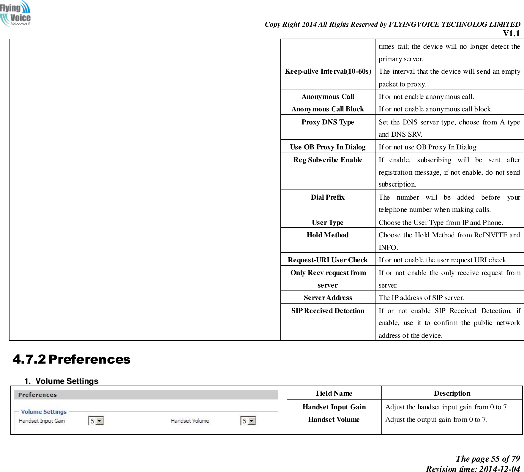                                                                Copy Right 2014 All Rights Reserved by FLYINGVOICE TECHNOLOG LIMITED V1.1 The page 55 of 79 Revision time: 2014-12-04    times  fail; the device will  no  longer detect the primary server. Keep-alive Interval(10-60s) The interval that the device will send an empty packet to proxy. Anonymous Call If or not enable anonymous call. Anonymous Call Block If or not enable anonymous call block. Proxy DNS Type Set the  DNS server type, choose  from A type and DNS SRV. Use OB Proxy In Dialog If or not use OB Proxy In Dialog. Reg Subscribe Enable If  enable,  subscribing  will  be  sent  after registration message, if not enable, do not send subscription. Dial Prefix The  number  will  be  added  before  your telephone number when making calls. User Type Choose the User Type from IP and Phone. Hold Method Choose the Hold Method from ReINVITE and INFO. Request-URI User Check If or not enable the user request URI check. Only Recv request from server If or  not enable  the only receive request  from server. Server Address The IP address of SIP server. SIP Received Detection If  or  not  enable  SIP  Received  Detection,  if enable,  use  it  to  confirm  the  public  network address of the device. 4.7.2 Preferences 11..  VVoolluummee  SSeettttiinnggss   Field Name Description Handset Input Gain Adjust the handset input gain from 0 to 7. Handset Volume Adjust the output gain from 0 to 7. 