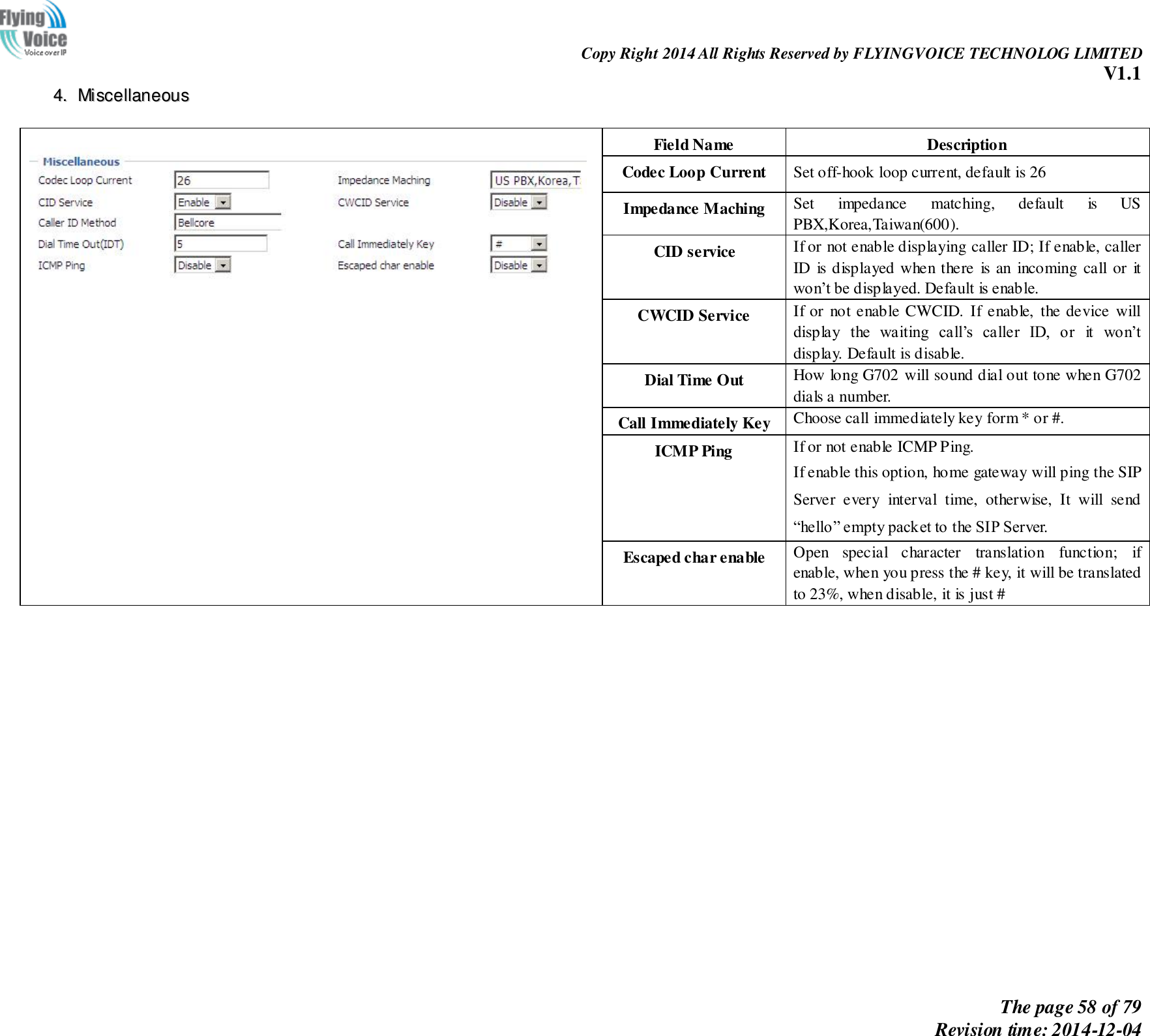                                                                Copy Right 2014 All Rights Reserved by FLYINGVOICE TECHNOLOG LIMITED V1.1 The page 58 of 79 Revision time: 2014-12-04    44..  MMiisscceellllaanneeoouuss     Field Name Description Codec Loop Current Set off-hook loop current, default is 26 Impedance Maching Set  impedance  matching,  default  is  US PBX,Korea,Taiwan(600). CID service If or not enable displaying caller ID; If enable, caller ID  is displayed when there  is an  incoming call  or  it won’t be displayed. Default is enable. CWCID Service If or  not enable CWCID. If enable, the device  will display  the  waiting  call’s  caller  ID,  or  it  won’t display. Default is disable. Dial Time Out How long G702 will sound dial out tone when G702 dials a number. Call Immediately Key Choose call immediately key form * or #. ICMP Ping If or not enable ICMP Ping. If enable this option, home gateway will ping the SIP Server  every  interval  time,  otherwise,  It  will  send “hello” empty packet to the SIP Server. Escaped char enable Open  special  character  translation  function;  if enable, when you press the # key, it will be translated to 23%, when disable, it is just # 