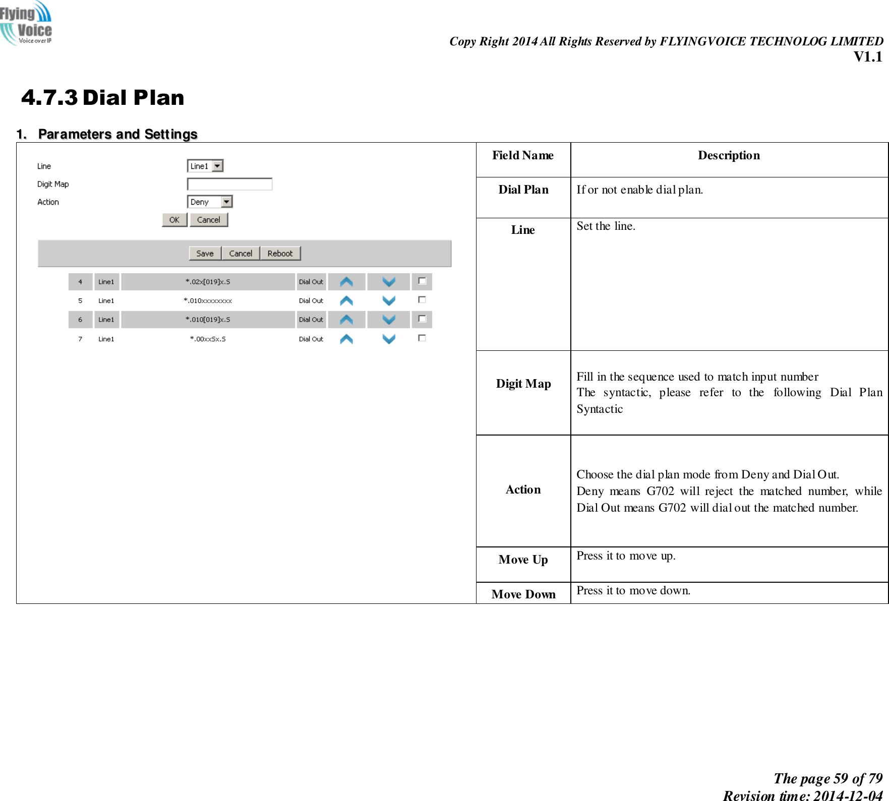                                                                Copy Right 2014 All Rights Reserved by FLYINGVOICE TECHNOLOG LIMITED V1.1 The page 59 of 79 Revision time: 2014-12-04    4.7.3 Dial Plan 11..  PPaarraammeetteerrss  aanndd  SSeettttiinnggss          Field Name Description Dial Plan If or not enable dial plan. Line Set the line.  Digit Map Fill in the sequence used to match input number The  syntactic,  please  refer  to  the  following  Dial  Plan Syntactic   Action Choose the dial plan mode from Deny and Dial Out. Deny  means  G702  will  reject  the  matched  number,  while Dial Out means G702 will dial out the matched number. Move Up Press it to move up. Move Down Press it to move down.   