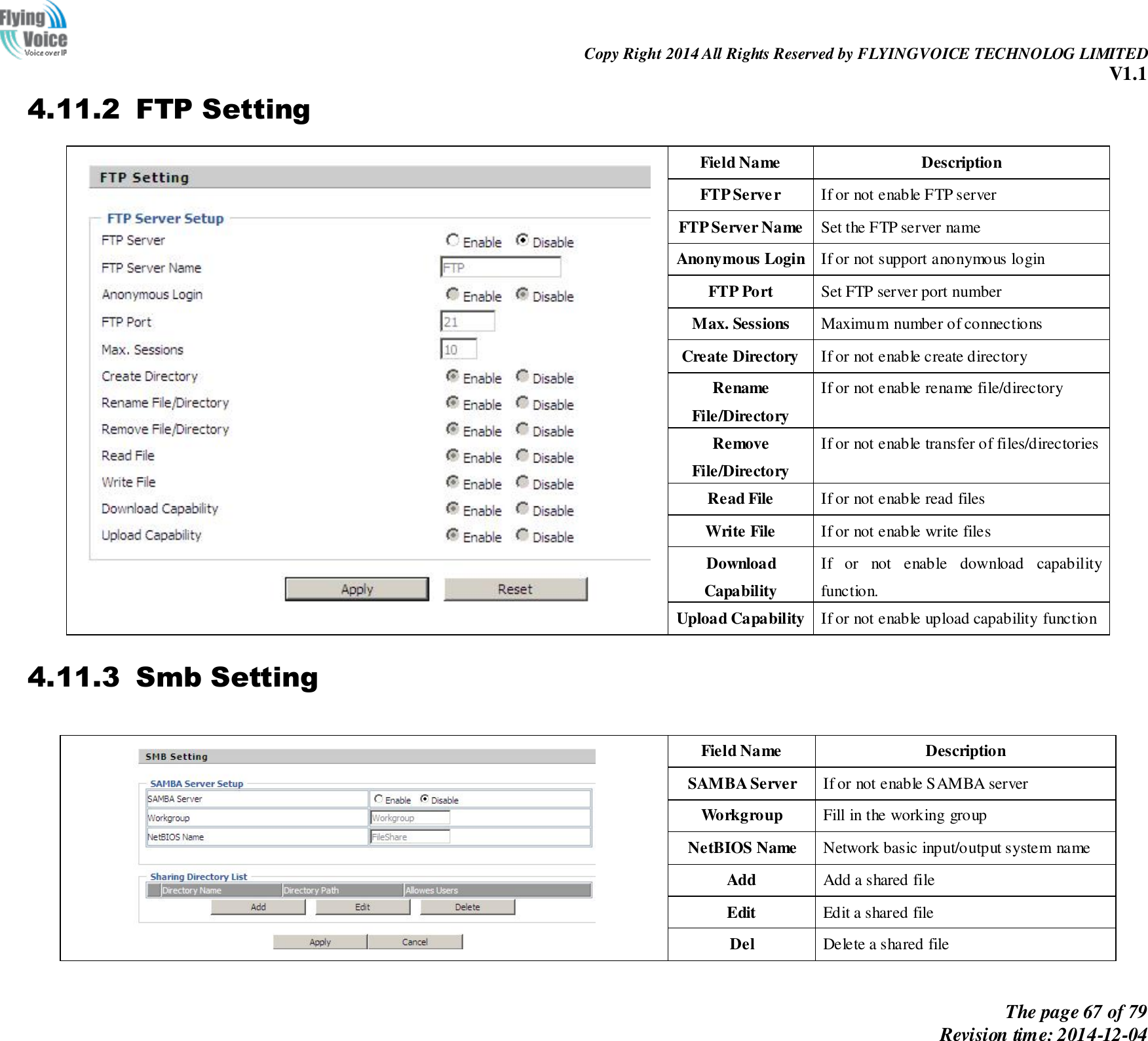                                                                Copy Right 2014 All Rights Reserved by FLYINGVOICE TECHNOLOG LIMITED V1.1 The page 67 of 79 Revision time: 2014-12-04    4.11.2 FTP Setting  Field Name Description FTP Server If or not enable FTP server FTP Server Name Set the FTP server name Anonymous Login If or not support anonymous login FTP Port Set FTP server port number Max. Sessions Maximum number of connections Create Directory If or not enable create directory Rename File/Directory If or not enable rename file/directory Remove File/Directory If or not enable transfer of files/directories Read File If or not enable read files Write File If or not enable write files Download Capability If  or  not  enable  download  capability function. Upload Capability If or not enable upload capability function 4.11.3 Smb Setting   Field Name Description SAMBA Server If or not enable SAMBA server Workgroup Fill in the working group NetBIOS Name Network basic input/output system name Add Add a shared file Edit Edit a shared file Del Delete a shared file 