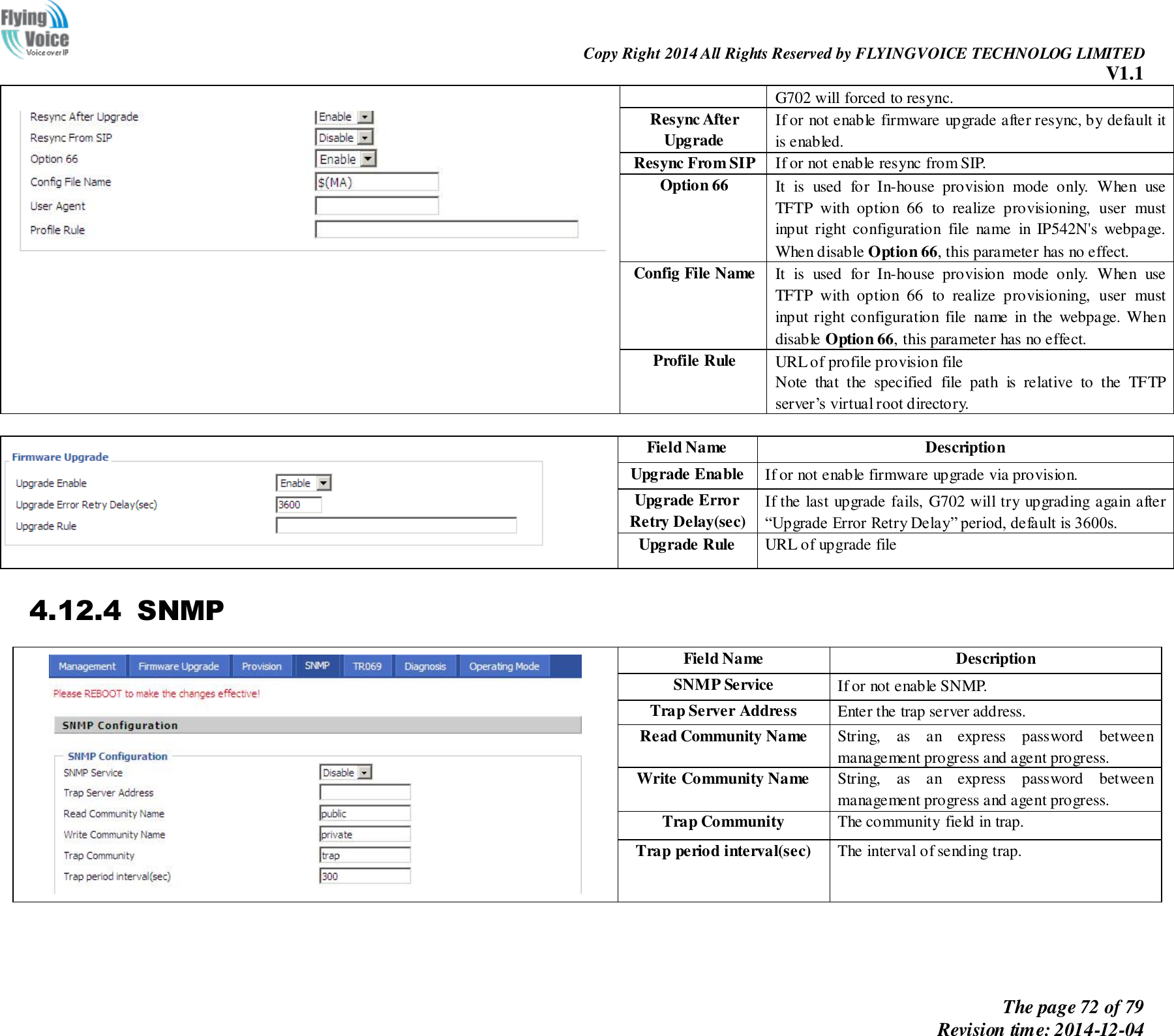                                                                Copy Right 2014 All Rights Reserved by FLYINGVOICE TECHNOLOG LIMITED V1.1 The page 72 of 79 Revision time: 2014-12-04       G702 will forced to resync. Resync After Upgrade If or not enable firmware upgrade after resync, by default it is enabled. Resync From SIP If or not enable resync from SIP. Option 66 It  is  used  for  In-house  provision  mode  only.  When  use TFTP  with  option  66  to  realize  provisioning,  user  must input  right  configuration  file  name  in  IP542N&apos;s  webpage. When disable Option 66, this parameter has no effect. Config File Name It  is  used  for  In-house  provision  mode  only.  When  use TFTP  with  option  66  to  realize  provisioning,  user  must input right configuration  file  name  in the  webpage. When disable Option 66, this parameter has no effect. Profile Rule URL of profile provision file Note  that  the  specified  file  path  is  relative  to  the  TFTP server’s virtual root directory.   Field Name   Description Upgrade Enable If or not enable firmware upgrade via provision.     Upgrade Error Retry Delay(sec) If the last upgrade fails, G702 will try upgrading again after “Upgrade Error Retry Delay” period, default is 3600s. Upgrade Rule URL of upgrade file 4.12.4 SNMP  Field Name   Description SNMP Service If or not enable SNMP.   Trap Server Address Enter the trap server address. Read Community Name String,  as  an  express  password  between management progress and agent progress. Write Community Name String,  as  an  express  password  between management progress and agent progress. Trap Community The community field in trap. Trap period interval(sec) The interval of sending trap.  