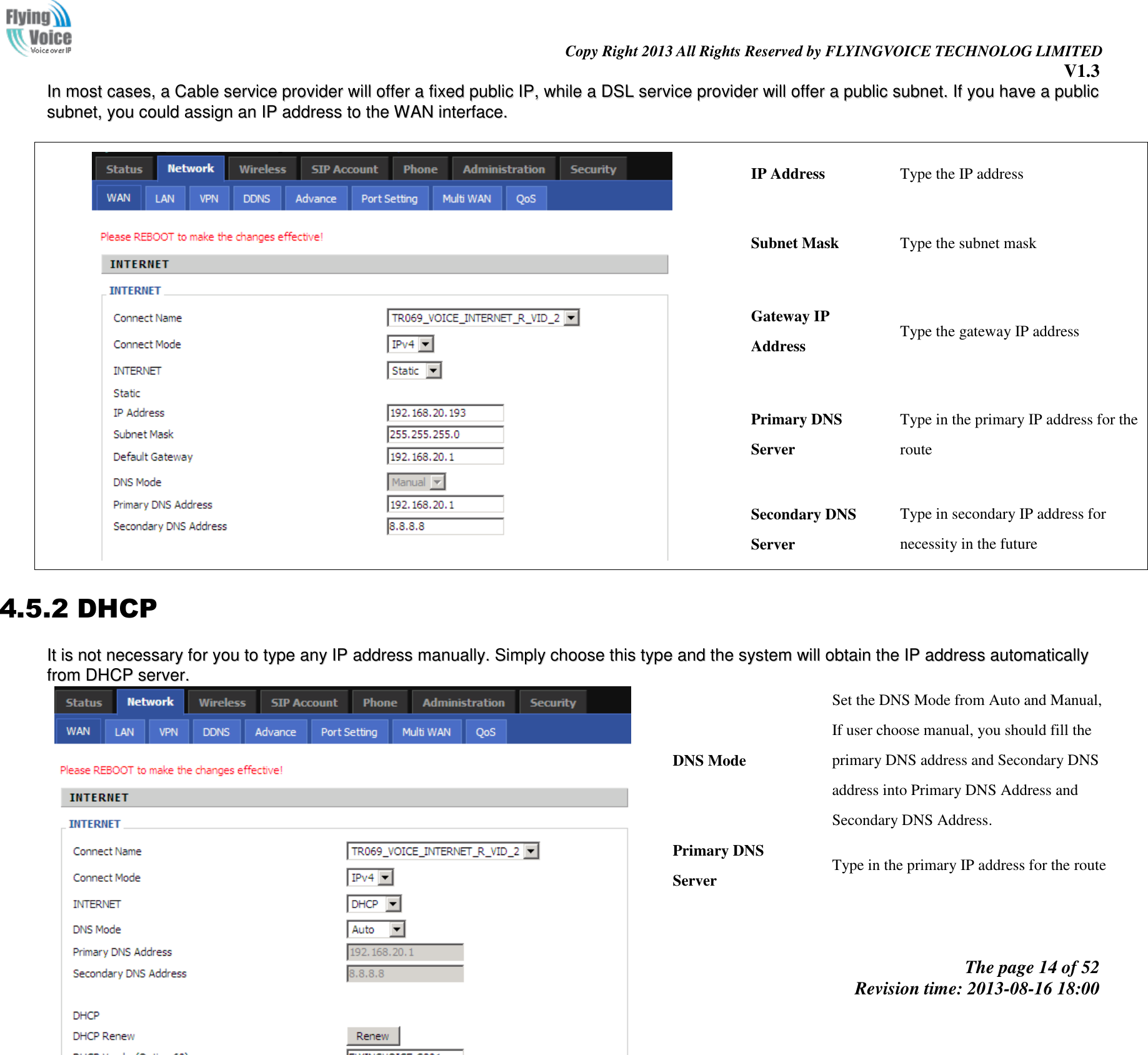                                                                                                                               Copy Right 2013 All Rights Reserved by FLYINGVOICE TECHNOLOG LIMITED V1.3 The page 14 of 52 Revision time: 2013-08-16 18:00     IInn  mmoosstt  ccaasseess,,  aa  CCaabbllee  sseerrvviiccee  pprroovviiddeerr  wwiillll  ooffffeerr  aa  ffiixxeedd  ppuubblliicc  IIPP,,  wwhhiillee  aa  DDSSLL  sseerrvviiccee  pprroovviiddeerr  wwiillll  ooffffeerr  aa  ppuubblliicc  ssuubbnneett..  IIff  yyoouu  hhaavvee  aa  ppuubblliicc  ssuubbnneett,,  yyoouu  ccoouulldd  aassssiiggnn  aann  IIPP  aaddddrreessss  ttoo  tthhee  WWAANN  iinntteerrffaaccee..      IP Address Type the IP address Subnet Mask Type the subnet mask Gateway IP Address Type the gateway IP address Primary DNS Server Type in the primary IP address for the route Secondary DNS Server Type in secondary IP address for necessity in the future 4.5.2 DHCP IItt  iiss  nnoott  nneecceessssaarryy  ffoorr  yyoouu  ttoo  ttyyppee  aannyy  IIPP  aaddddrreessss  mmaannuuaallllyy..  SSiimmppllyy  cchhoooossee  tthhiiss  ttyyppee  aanndd  tthhee  ssyysstteemm  wwiillll  oobbttaaiinn  tthhee  IIPP  aaddddrreessss  aauuttoommaattiiccaallllyy  ffrroomm  DDHHCCPP  sseerrvveerr..    DNS Mode Set the DNS Mode from Auto and Manual, If user choose manual, you should fill the primary DNS address and Secondary DNS address into Primary DNS Address and Secondary DNS Address. Primary DNS Server Type in the primary IP address for the route 