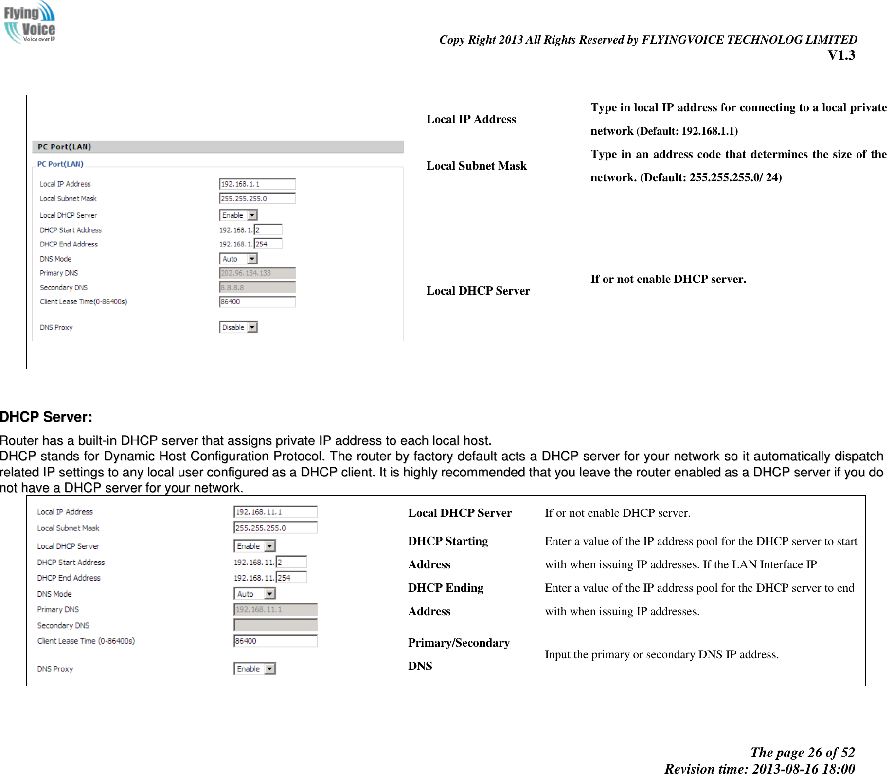                                                                                                                               Copy Right 2013 All Rights Reserved by FLYINGVOICE TECHNOLOG LIMITED V1.3 The page 26 of 52 Revision time: 2013-08-16 18:00            Local IP Address Type in local IP address for connecting to a local private network (Default: 192.168.1.1) Local Subnet Mask Type in an address code that determines the size of the network. (Default: 255.255.255.0/ 24)  Local DHCP Server If or not enable DHCP server.   DDHHCCPP  SSeerrvveerr::  RRoouutteerr  hhaass  aa  bbuuiilltt--iinn  DDHHCCPP  sseerrvveerr  tthhaatt  aassssiiggnnss  pprriivvaattee  IIPP  aaddddrreessss  ttoo  eeaacchh  llooccaall  hhoosstt..  DDHHCCPP  ssttaannddss  ffoorr  DDyynnaammiicc  HHoosstt  CCoonnffiigguurraattiioonn  PPrroottooccooll..  TThhee  rroouutteerr  bbyy  ffaaccttoorryy  ddeeffaauulltt  aaccttss  aa  DDHHCCPP  sseerrvveerr  ffoorr  yyoouurr  nneettwwoorrkk  ssoo  iitt  aauuttoommaattiiccaallllyy  ddiissppaattcchh  rreellaatteedd  IIPP  sseettttiinnggss  ttoo  aannyy  llooccaall  uusseerr  ccoonnffiigguurreedd  aass  aa  DDHHCCPP  cclliieenntt..  IItt  iiss  hhiigghhllyy  rreeccoommmmeennddeedd  tthhaatt  yyoouu  lleeaavvee  tthhee  rroouutteerr  eennaabblleedd  aass  aa  DDHHCCPP  sseerrvveerr  iiff  yyoouu  ddoo  nnoott  hhaavvee  aa  DDHHCCPP  sseerrvveerr  ffoorr  yyoouurr  nneettwwoorrkk..   Local DHCP Server If or not enable DHCP server. DHCP Starting Address Enter a value of the IP address pool for the DHCP server to start with when issuing IP addresses. If the LAN Interface IP   DHCP Ending Address Enter a value of the IP address pool for the DHCP server to end with when issuing IP addresses.   Primary/Secondary DNS Input the primary or secondary DNS IP address. 