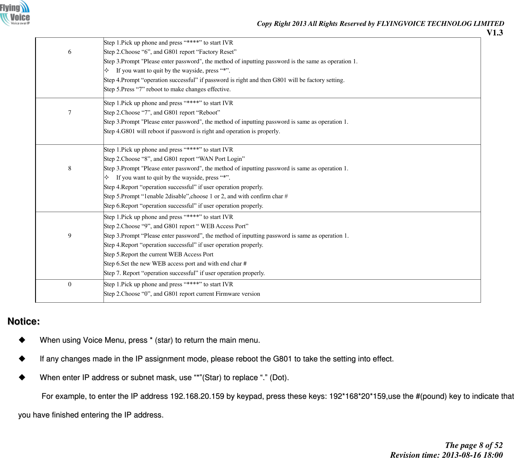                                                                                                                               Copy Right 2013 All Rights Reserved by FLYINGVOICE TECHNOLOG LIMITED V1.3 The page 8 of 52 Revision time: 2013-08-16 18:00      6  Step 1.Pick up phone and press “****” to start IVR   Step 2.Choose “6”, and G801 report “Factory Reset” Step 3.Prompt &quot;Please enter password&quot;, the method of inputting password is the same as operation 1.  If you want to quit by the wayside, press “*”. Step 4.Prompt “operation successful” if password is right and then G801 will be factory setting. Step 5.Press “7” reboot to make changes effective.   7  Step 1.Pick up phone and press “****” to start IVR   Step 2.Choose “7”, and G801 report “Reboot” Step 3.Prompt &quot;Please enter password&quot;, the method of inputting password is same as operation 1. Step 4.G801 will reboot if password is right and operation is properly.    8  Step 1.Pick up phone and press “****” to start IVR   Step 2.Choose “8”, and G801 report “WAN Port Login” Step 3.Prompt &quot;Please enter password&quot;, the method of inputting password is same as operation 1.  If you want to quit by the wayside, press “*”. Step 4.Report “operation successful” if user operation properly. Step 5.Prompt “1enable 2disable”,choose 1 or 2, and with confirm char # Step 6.Report “operation successful” if user operation properly.    9 Step 1.Pick up phone and press “****” to start IVR   Step 2.Choose “9”, and G801 report “ WEB Access Port” Step 3.Prompt “Please enter password”, the method of inputting password is same as operation 1. Step 4.Report “operation successful” if user operation properly. Step 5.Report the current WEB Access Port Step 6.Set the new WEB access port and with end char # Step 7. Report “operation successful” if user operation properly. 0 Step 1.Pick up phone and press “****” to start IVR   Step 2.Choose “0”, and G801 report current Firmware version  NNoottiiccee::    WWhheenn  uussiinngg  VVooiiccee  MMeennuu,,  pprreessss  **  ((ssttaarr))  ttoo  rreettuurrnn  tthhee  mmaaiinn  mmeennuu..    IIff  aannyy  cchhaannggeess  mmaaddee  iinn  tthhee  IIPP  aassssiiggnnmmeenntt  mmooddee,,  pplleeaassee  rreebboooott  tthhee  GG880011  ttoo  ttaakkee  tthhee  sseettttiinngg  iinnttoo  eeffffeecctt..    WWhheenn  eenntteerr  IIPP  aaddddrreessss  oorr  ssuubbnneett  mmaasskk,,  uussee  ““**””((SSttaarr))  ttoo  rreeppllaaccee  ““..””  ((DDoott))..  FFoorr  eexxaammppllee,,  ttoo  eenntteerr  tthhee  IIPP  aaddddrreessss  119922..116688..2200..115599  bbyy  kkeeyyppaadd,,  pprreessss  tthheessee  kkeeyyss::  119922**116688**2200**115599,,uussee  tthhee  ##((ppoouunndd))  kkeeyy  ttoo  iinnddiiccaattee  tthhaatt  yyoouu  hhaavvee  ffiinniisshheedd  eenntteerriinngg  tthhee  IIPP  aaddddrreessss..  