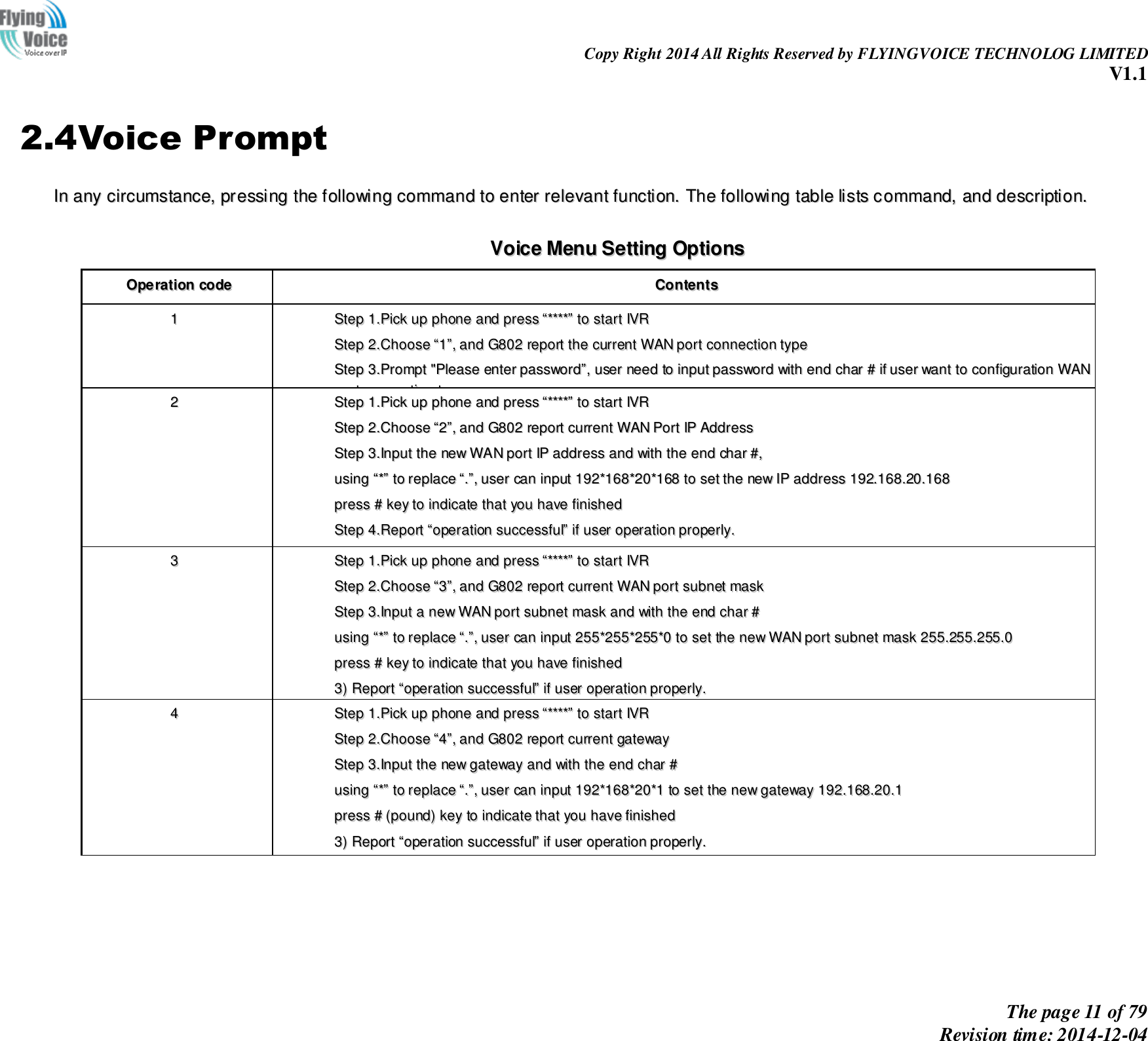                                                                Copy Right 2014 All Rights Reserved by FLYINGVOICE TECHNOLOG LIMITED V1.1 The page 11 of 79 Revision time: 2014-12-04    2.4Voice Prompt IInn  aannyy  cciirrccuummssttaannccee,,  pprreessssiinngg  tthhee  ffoolllloowwiinngg  ccoommmmaanndd  ttoo  eenntteerr  rreelleevvaanntt  ffuunnccttiioonn..  TThhee  ffoolllloowwiinngg  ttaabbllee  lliissttss  ccoommmmaanndd,,  aanndd  ddeessccrriippttiioonn..   VVooiiccee  MMeennuu  SSeettttiinngg  OOppttiioonnss  OOppeerraattiioonn  ccooddee  CCoonntteennttss  11  SStteepp  11..PPiicckk  uupp  pphhoonnee  aanndd  pprreessss  ““********””  ttoo  ssttaarrtt  IIVVRR    SStteepp  22..CChhoooossee  ““11””,,  aanndd  GG880022  rreeppoorrtt  tthhee  ccuurrrreenntt  WWAANN  ppoorrtt  ccoonnnneeccttiioonn  ttyyppee  SStteepp  33..PPrroommpptt  &quot;&quot;PPlleeaassee  eenntteerr  ppaasssswwoorrdd””,,  uusseerr  nneeeedd  ttoo  iinnppuutt  ppaasssswwoorrdd  wwiitthh  eenndd  cchhaarr  ##  iiff  uusseerr  wwaanntt  ttoo  ccoonnffiigguurraattiioonn  WWAANN  ppoorrtt  ccoonnnneeccttiioonn  ttyyppee..  TThhee  ppaasssswwoorrdd  iinn  IIVVRR  iiss  ssaammee  aass  tthhee  oonnee  ooff  WWEEBB  llooggiinn,,  uusseerr  ccaann  uussee  pphhoonnee  kkeeyyppaadd  ttoo  eenntteerr  ppaasssswwoorrdd  ddiirreeccttllyy,,  aanndd  tthhee  mmaattcchhiinngg  ttaabbllee  iiss  iinn  NNoottee  44..  FFoorr  eexxaammppllee::  WWEEBB  llooggiinn  ppaasssswwoorrdd  iiss  ““aaddmmiinn””,,  ssoo  ppaasssswwoorrdd  iinn  IIVVRR  iiss  ““aaddmmiinn””  ttoooo,,  uusseerr  iinnppuutt  ““2233664466””  ttoo  aacccceessss  aanndd  tthheenn  ccoonnffiigguurraattiioonn  WWAANN  ccoonnnneeccttiioonn  ppoorrtt..  SStteepp  44..RReeppoorrtt  ““ooppeerraattiioonn  ssuucccceessssffuull””  iiff  ppaasssswwoorrdd  iiss  rriigghhtt..  SStteepp  55..CChhoooossee  tthhee  nneeww  WWAANN  ppoorrtt  ccoonnnneeccttiioonn  ttyyppee  ffrroomm  11..DDHHCCPP  aanndd  22..SSttaattiicc  SStteepp  66..RReeppoorrtt  ““ooppeerraattiioonn  ssuucccceessssffuull””,,  tthhiiss  mmeeaannss  uusseerr  mmaakkee  tthhee  cchhaannggeess  ssuucccceessssffuullllyy,,  aanndd  tthheenn  GG880022  wwiillll  rreettuurrnn  ttoo  ssoouunndd  pprroommppttiinngg  ““pplleeaassee  eenntteerr  yyoouurr  ooppttiioonn,,  oonnee  WWAANN  PPoorrtt  …………””..  NNoottee::  aadddd  ““##””  ttoo  aassssuummee  aafftteerr  iinnppuutt  ppaasssswwoorrdd  aanndd  sseelleecctteedd  nneeww  WWAANN  ppoorrtt  ccoonnnneeccttiioonn  ttyyppee  IIff  yyoouu  wwaanntt  ttoo  qquuiitt  bbyy  tthhee  wwaayyssiiddee,,  pprreessss  ““**””  22  SStteepp  11..PPiicckk  uupp  pphhoonnee  aanndd  pprreessss  ““********””  ttoo  ssttaarrtt  IIVVRR    SStteepp  22..CChhoooossee  ““22””,,  aanndd  GG880022  rreeppoorrtt  ccuurrrreenntt  WWAANN  PPoorrtt  IIPP  AAddddrreessss  SStteepp  33..IInnppuutt  tthhee  nneeww  WWAANN  ppoorrtt  IIPP  aaddddrreessss  aanndd  wwiitthh  tthhee  eenndd  cchhaarr  ##,,  uussiinngg  ““**””  ttoo  rreeppllaaccee  ““..””,,  uusseerr  ccaann  iinnppuutt  119922**116688**2200**116688  ttoo  sseett  tthhee  nneeww  IIPP  aaddddrreessss  119922..116688..2200..116688  pprreessss  ##  kkeeyy  ttoo  iinnddiiccaattee  tthhaatt  yyoouu  hhaavvee  ffiinniisshheedd  SStteepp  44..RReeppoorrtt  ““ooppeerraattiioonn  ssuucccceessssffuull””  iiff  uusseerr  ooppeerraattiioonn  pprrooppeerrllyy..  NNoottee::  IIff  yyoouu  wwaanntt  ttoo  qquuiitt  bbyy  tthhee  wwaayyssiiddee,,  pprreessss  ““****””..  33  SStteepp  11..PPiicckk  uupp  pphhoonnee  aanndd  pprreessss  ““********””  ttoo  ssttaarrtt  IIVVRR    SStteepp  22..CChhoooossee  ““33””,,  aanndd  GG880022  rreeppoorrtt  ccuurrrreenntt  WWAANN  ppoorrtt  ssuubbnneett  mmaasskk  SStteepp  33..IInnppuutt  aa  nneeww  WWAANN  ppoorrtt  ssuubbnneett  mmaasskk  aanndd  wwiitthh  tthhee  eenndd  cchhaarr  ##  uussiinngg  ““**””  ttoo  rreeppllaaccee  ““..””,,  uusseerr  ccaann  iinnppuutt  225555**225555**225555**00  ttoo  sseett  tthhee  nneeww  WWAANN  ppoorrtt  ssuubbnneett  mmaasskk  225555..225555..225555..00  pprreessss  ##  kkeeyy  ttoo  iinnddiiccaattee  tthhaatt  yyoouu  hhaavvee  ffiinniisshheedd  33))  RReeppoorrtt  ““ooppeerraattiioonn  ssuucccceessssffuull””  iiff  uusseerr  ooppeerraattiioonn  pprrooppeerrllyy..  NNoottee::  IIff  yyoouu  wwaanntt  ttoo  qquuiitt  bbyy  tthhee  wwaayyssiiddee,,  pprreessss  ““****””..  44  SStteepp  11..PPiicckk  uupp  pphhoonnee  aanndd  pprreessss  ““********””  ttoo  ssttaarrtt  IIVVRR    SStteepp  22..CChhoooossee  ““44””,,  aanndd  GG880022  rreeppoorrtt  ccuurrrreenntt  ggaatteewwaayy  SStteepp  33..IInnppuutt  tthhee  nneeww  ggaatteewwaayy  aanndd  wwiitthh  tthhee  eenndd  cchhaarr  ##  uussiinngg  ““**””  ttoo  rreeppllaaccee  ““..””,,  uusseerr  ccaann  iinnppuutt  119922**116688**2200**11  ttoo  sseett  tthhee  nneeww  ggaatteewwaayy  119922..116688..2200..11  pprreessss  ##  ((ppoouunndd))  kkeeyy  ttoo  iinnddiiccaattee  tthhaatt  yyoouu  hhaavvee  ffiinniisshheedd  33))  RReeppoorrtt  ““ooppeerraattiioonn  ssuucccceessssffuull””  iiff  uusseerr  ooppeerraattiioonn  pprrooppeerrllyy..  NNoottee::  IIff  yyoouu  wwaanntt  ttoo  qquuiitt  bbyy  tthhee  wwaayyssiiddee,,  pprreessss  ““****””..  