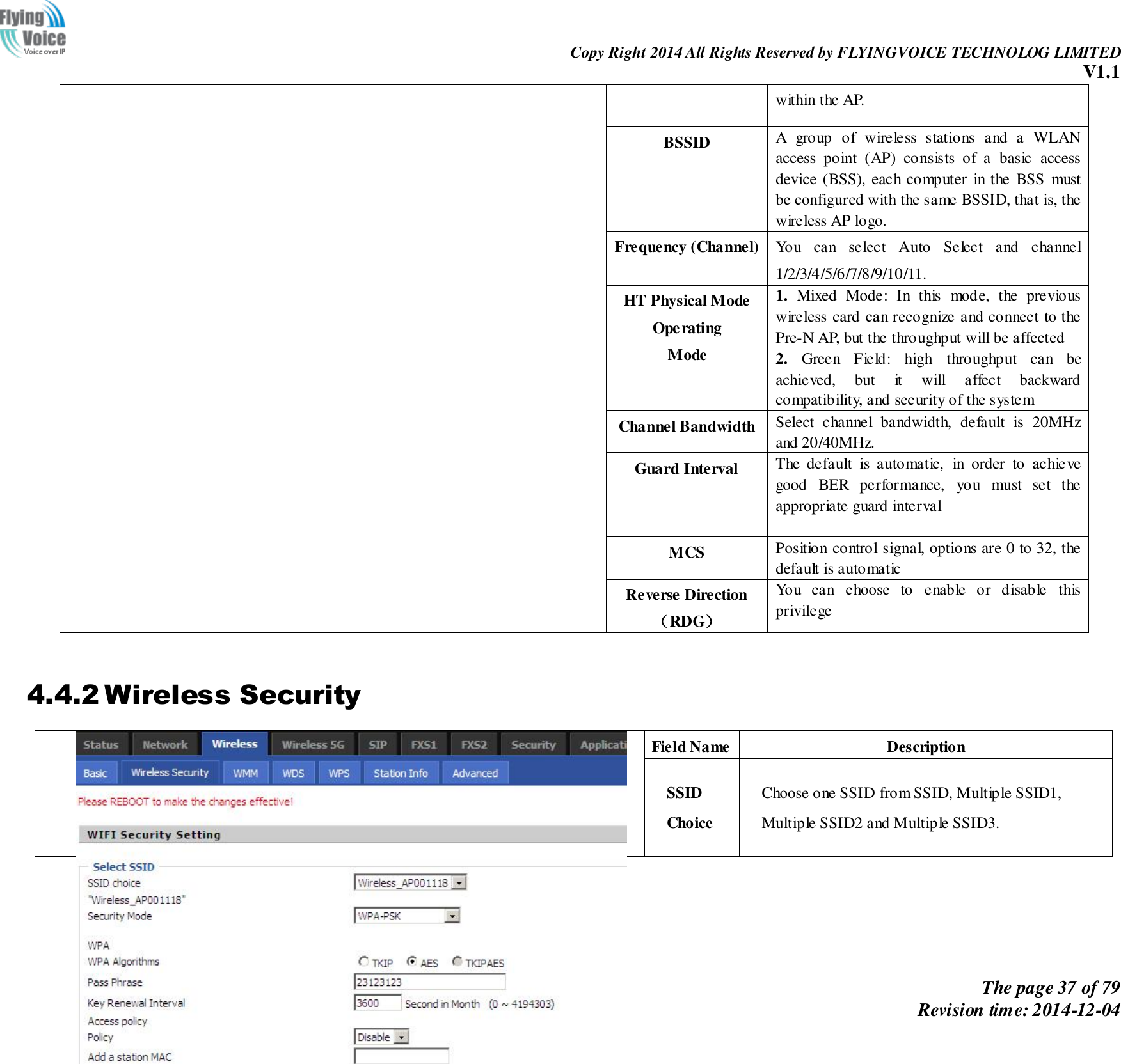                                                                Copy Right 2014 All Rights Reserved by FLYINGVOICE TECHNOLOG LIMITED V1.1 The page 37 of 79 Revision time: 2014-12-04    within the AP.   BSSID A  group  of  wireless  stations  and  a  WLAN access  point  (AP)  consists  of  a  basic  access device (BSS), each computer  in the  BSS  must be configured with the same BSSID, that is, the wireless AP logo. Frequency (Channel) You  can  select  Auto  Select  and  channel 1/2/3/4/5/6/7/8/9/10/11. HT Physical Mode Operating   Mode 1.  Mixed  Mode:  In  this  mode,  the  previous wireless card can recognize and connect to the Pre-N AP, but the throughput will be affected 2.  Green  Field:  high  throughput  can  be achieved,  but  it  will  affect  backward compatibility, and security of the system Channel Bandwidth Select  channel  bandwidth,  default  is  20MHz and 20/40MHz. Guard Interval The  default  is  automatic,  in  order  to  achieve good  BER  performance,  you  must  set  the appropriate guard interval  MCS Position control signal, options are 0 to 32, the default is automatic Reverse Direction（RDG） You  can  choose  to  enable  or  disable  this privilege  4.4.2 Wireless Security  Field Name Description SSID Choice Choose one SSID from SSID, Multiple SSID1, Multiple SSID2 and Multiple SSID3. 