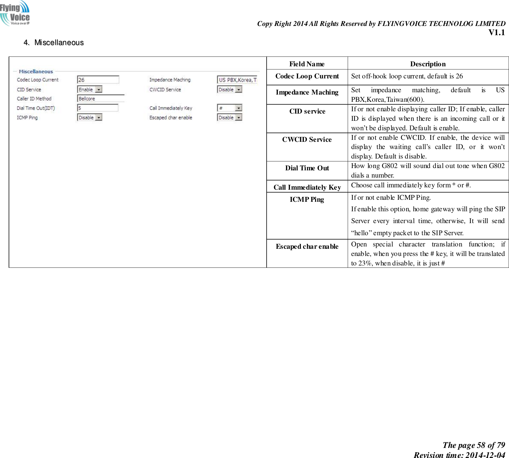                                                                Copy Right 2014 All Rights Reserved by FLYINGVOICE TECHNOLOG LIMITED V1.1 The page 58 of 79 Revision time: 2014-12-04    44..  MMiisscceellllaanneeoouuss     Field Name Description Codec Loop Current Set off-hook loop current, default is 26 Impedance Maching Set  impedance  matching,  default  is  US PBX,Korea,Taiwan(600). CID service If or not enable displaying caller ID; If enable, caller ID  is displayed when there  is an  incoming call  or  it won’t be displayed. Default is enable. CWCID Service If or  not enable CWCID. If enable, the device  will display  the  waiting  call’s  caller  ID,  or  it  won’t display. Default is disable. Dial Time Out How long G802 will sound dial out tone when G802 dials a number. Call Immediately Key Choose call immediately key form * or #. ICMP Ping If or not enable ICMP Ping. If enable this option, home gateway will ping the SIP Server  every  interval  time,  otherwise,  It  will  send “hello” empty packet to the SIP Server. Escaped char enable Open  special  character  translation  function;  if enable, when you press the # key, it will be translated to 23%, when disable, it is just # 