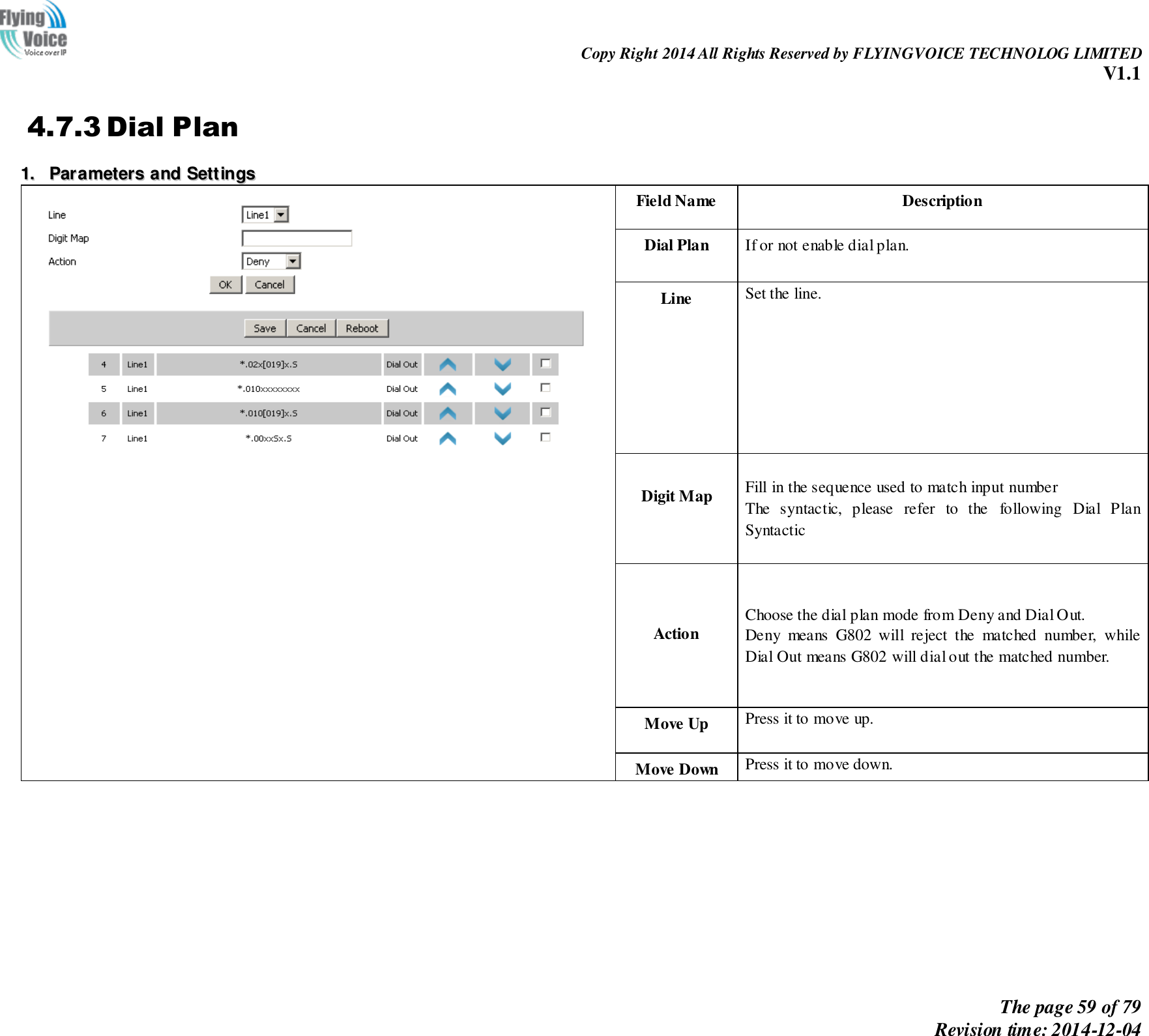                                                                Copy Right 2014 All Rights Reserved by FLYINGVOICE TECHNOLOG LIMITED V1.1 The page 59 of 79 Revision time: 2014-12-04    4.7.3 Dial Plan 11..  PPaarraammeetteerrss  aanndd  SSeettttiinnggss          Field Name Description Dial Plan If or not enable dial plan. Line Set the line.  Digit Map Fill in the sequence used to match input number The  syntactic,  please  refer  to  the  following  Dial  Plan Syntactic   Action Choose the dial plan mode from Deny and Dial Out. Deny  means  G802  will  reject  the  matched  number,  while Dial Out means G802 will dial out the matched number. Move Up Press it to move up. Move Down Press it to move down.   