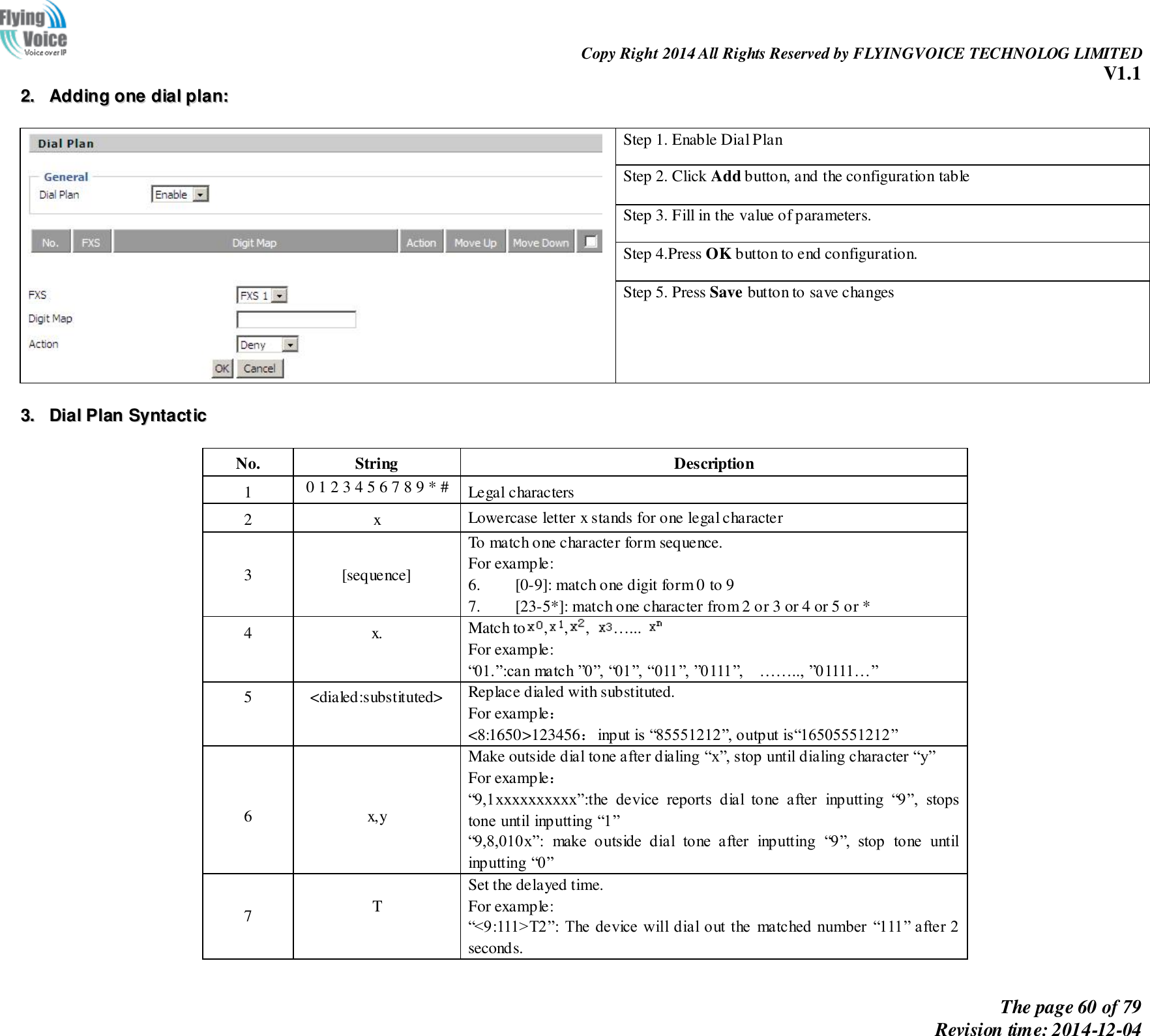                                                                Copy Right 2014 All Rights Reserved by FLYINGVOICE TECHNOLOG LIMITED V1.1 The page 60 of 79 Revision time: 2014-12-04    22..  AAddddiinngg  oonnee  ddiiaall  ppllaann::     Step 1. Enable Dial Plan Step 2. Click Add button, and the configuration table   Step 3. Fill in the value of parameters. Step 4.Press OK button to end configuration. Step 5. Press Save button to save changes   33..  DDiiaall  PPllaann  SSyynnttaaccttiicc   No. String Description 1 0 1 2 3 4 5 6 7 8 9 * # Legal characters 2 x Lowercase letter x stands for one legal character  3  [sequence] To match one character form sequence. For example: 6. [0-9]: match one digit form 0 to 9 7. [23-5*]: match one character from 2 or 3 or 4 or 5 or * 4 x. Match to , , ,  …...   For example: “01.”:can match ”0”, “01”, “011”, ”0111”,    …….., ”01111…” 5 &lt;dialed:substituted&gt; Replace dialed with substituted. For example： &lt;8:1650&gt;123456：input is “85551212”, output is“16505551212”   6   x,y Make outside dial tone after dialing “x”, stop until dialing character “y” For example： “9,1xxxxxxxxxx”:the  device  reports  dial  tone  after  inputting  “9”,  stops tone until inputting “1” “9,8,010x”:  make  outside  dial  tone  after  inputting  “9”,  stop  tone  until inputting “0”  7  T Set the delayed time. For example: “&lt;9:111&gt;T2”:  The device will dial out the  matched  number  “111” after 2 seconds. 