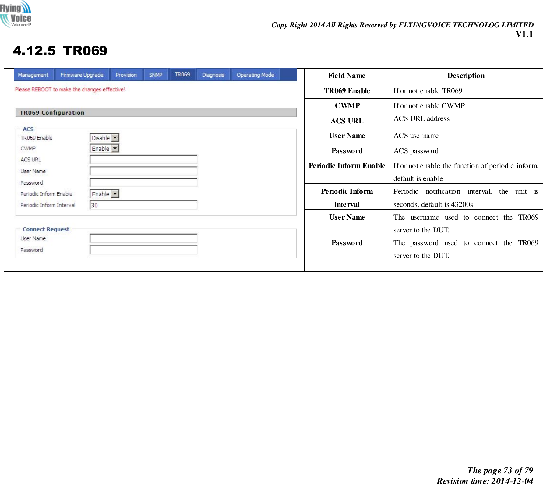                                                                Copy Right 2014 All Rights Reserved by FLYINGVOICE TECHNOLOG LIMITED V1.1 The page 73 of 79 Revision time: 2014-12-04    4.12.5 TR069  Field Name Description TR069 Enable If or not enable TR069 CWMP If or not enable CWMP ACS URL ACS URL address User Name ACS username Password ACS password Periodic Inform Enable If or not enable the function of periodic inform, default is enable Periodic Inform Interval Periodic  notification  interval,  the  unit  is seconds, default is 43200s User Name The  username  used  to  connect  the  TR069 server to the DUT. Password The  password  used  to  connect  the  TR069 server to the DUT.   