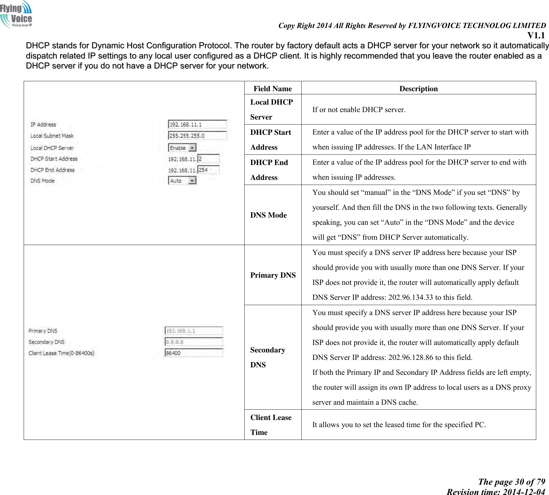                                                                                                                               Copy Right 2014 All Rights Reserved by FLYINGVOICE TECHNOLOG LIMITED V1.1 The page 30 of 79 Revision time: 2014-12-04    DDHHCCPP  ssttaannddss  ffoorr  DDyynnaammiicc  HHoosstt  CCoonnffiigguurraattiioonn  PPrroottooccooll..  TThhee  rroouutteerr  bbyy  ffaaccttoorryy  ddeeffaauulltt  aaccttss  aa  DDHHCCPP  sseerrvveerr  ffoorr  yyoouurr  nneettwwoorrkk  ssoo  iitt  aauuttoommaattiiccaallllyy  ddiissppaattcchh  rreellaatteedd  IIPP  sseettttiinnggss  ttoo  aannyy  llooccaall  uusseerr  ccoonnffiigguurreedd  aass  aa  DDHHCCPP  cclliieenntt..  IItt  iiss  hhiigghhllyy  rreeccoommmmeennddeedd  tthhaatt  yyoouu  lleeaavvee  tthhee  rroouutteerr  eennaabblleedd  aass  aa  DDHHCCPP  sseerrvveerr  iiff  yyoouu  ddoo  nnoott  hhaavvee  aa  DDHHCCPP  sseerrvveerr  ffoorr  yyoouurr  nneettwwoorrkk..       Field Name Description Local DHCP Server If or not enable DHCP server. DHCP Start Address Enter a value of the IP address pool for the DHCP server to start with when issuing IP addresses. If the LAN Interface IP   DHCP End Address Enter a value of the IP address pool for the DHCP server to end with when issuing IP addresses.   DNS Mode You should set “manual” in the “DNS Mode” if you set “DNS” by yourself. And then fill the DNS in the two following texts. Generally speaking, you can set “Auto” in the “DNS Mode” and the device   will get “DNS” from DHCP Server automatically.  Primary DNS You must specify a DNS server IP address here because your ISP should provide you with usually more than one DNS Server. If your ISP does not provide it, the router will automatically apply default DNS Server IP address: 202.96.134.33 to this field. Secondary DNS You must specify a DNS server IP address here because your ISP should provide you with usually more than one DNS Server. If your ISP does not provide it, the router will automatically apply default DNS Server IP address: 202.96.128.86 to this field. If both the Primary IP and Secondary IP Address fields are left empty, the router will assign its own IP address to local users as a DNS proxy server and maintain a DNS cache. Client Lease Time It allows you to set the leased time for the specified PC. 