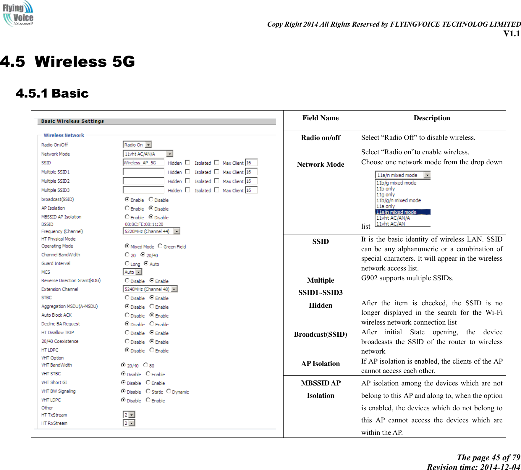                                                                                                                               Copy Right 2014 All Rights Reserved by FLYINGVOICE TECHNOLOG LIMITED V1.1 The page 45 of 79 Revision time: 2014-12-04    4.5 Wireless 5G 4.5.1 Basic  Field Name   Description Radio on/off Select “Radio Off” to disable wireless. Select “Radio on”to enable wireless. Network Mode Choose one network mode from the drop down list   SSID It is  the  basic  identity  of wireless  LAN. SSID can  be  any  alphanumeric  or  a  combination  of special characters. It will appear in the wireless network access list. Multiple SSID1~SSID3   G902 supports multiple SSIDs. Hidden After  the  item  is  checked,  the  SSID  is  no longer  displayed  in  the  search  for  the  Wi-Fi wireless network connection list Broadcast(SSID) After  initial  State  opening,  the  device broadcasts  the  SSID  of  the  router  to  wireless network AP Isolation If AP isolation is enabled, the clients of the AP cannot access each other. MBSSID AP Isolation AP  isolation  among  the  devices  which  are not belong to this AP and along to, when the option is enabled, the devices which do not belong to this  AP  cannot  access  the  devices  which  are within the AP.   