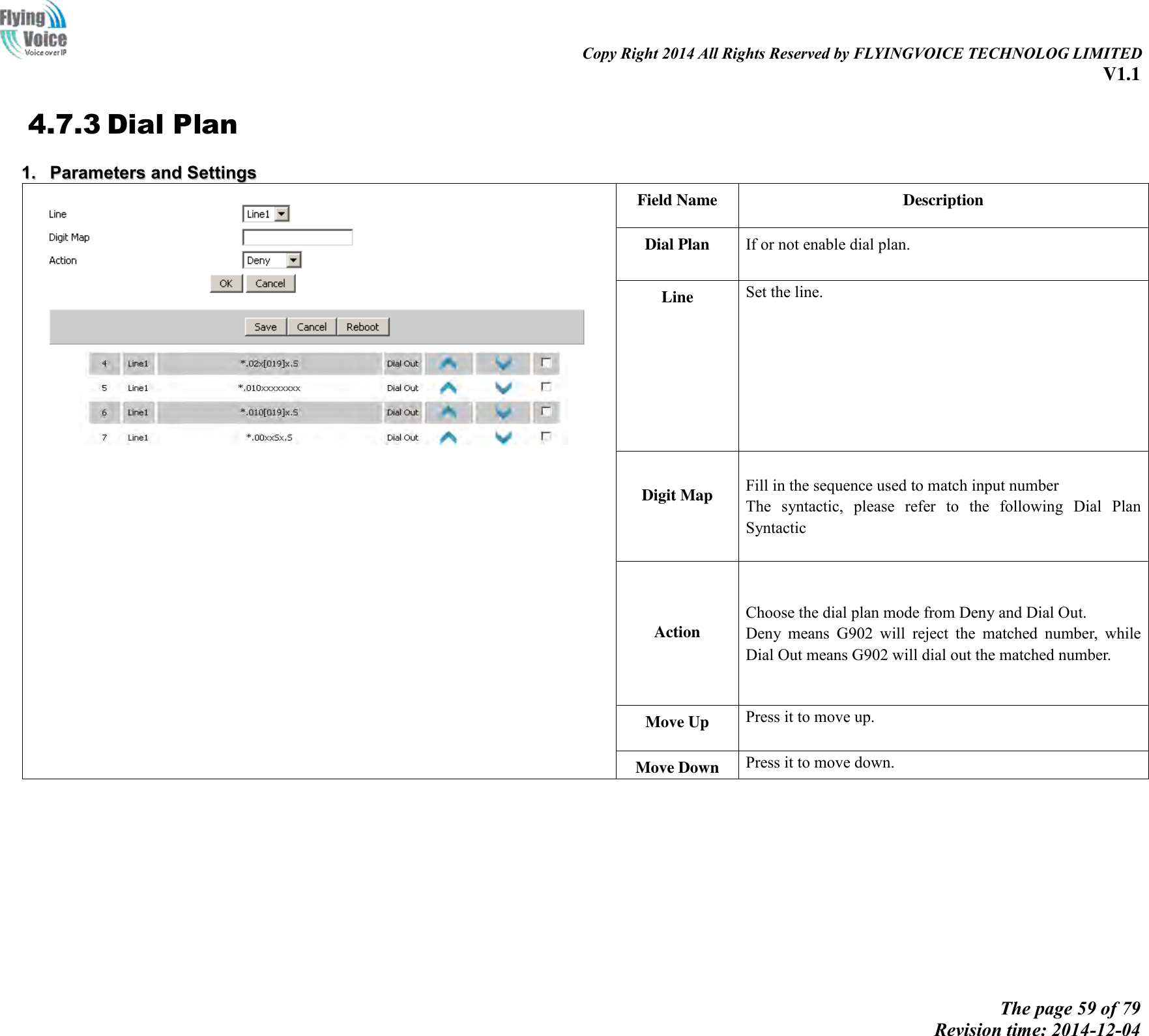                                                                                                                               Copy Right 2014 All Rights Reserved by FLYINGVOICE TECHNOLOG LIMITED V1.1 The page 59 of 79 Revision time: 2014-12-04    4.7.3 Dial Plan 11..  PPaarraammeetteerrss  aanndd  SSeettttiinnggss          Field Name Description Dial Plan If or not enable dial plan. Line Set the line.  Digit Map Fill in the sequence used to match input number The  syntactic,  please  refer  to  the  following  Dial  Plan Syntactic   Action Choose the dial plan mode from Deny and Dial Out. Deny  means  G902  will  reject  the  matched  number,  while Dial Out means G902 will dial out the matched number. Move Up Press it to move up. Move Down Press it to move down.   