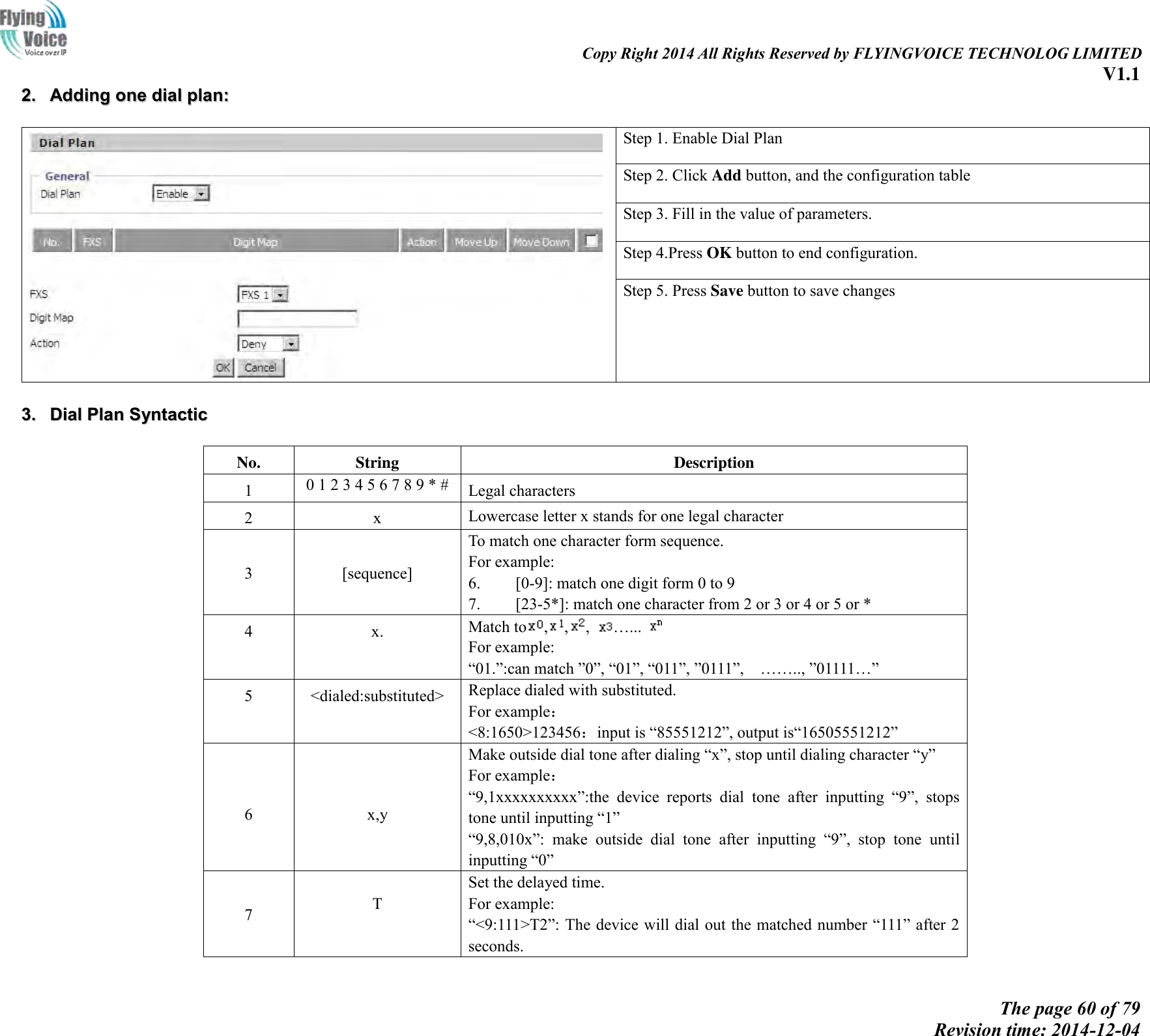                                                                                                                               Copy Right 2014 All Rights Reserved by FLYINGVOICE TECHNOLOG LIMITED V1.1 The page 60 of 79 Revision time: 2014-12-04    22..  AAddddiinngg  oonnee  ddiiaall  ppllaann::     Step 1. Enable Dial Plan Step 2. Click Add button, and the configuration table   Step 3. Fill in the value of parameters. Step 4.Press OK button to end configuration. Step 5. Press Save button to save changes   33..  DDiiaall  PPllaann  SSyynnttaaccttiicc   No. String Description 1 0 1 2 3 4 5 6 7 8 9 * # Legal characters 2 x Lowercase letter x stands for one legal character  3  [sequence] To match one character form sequence. For example: 6. [0-9]: match one digit form 0 to 9 7. [23-5*]: match one character from 2 or 3 or 4 or 5 or * 4 x. Match to , , ,  …...   For example: “01.”:can match ”0”, “01”, “011”, ”0111”,    …….., ”01111…” 5 &lt;dialed:substituted&gt; Replace dialed with substituted. For example： &lt;8:1650&gt;123456：input is “85551212”, output is“16505551212”   6   x,y Make outside dial tone after dialing “x”, stop until dialing character “y” For example： “9,1xxxxxxxxxx”:the  device  reports  dial  tone  after  inputting  “9”,  stops tone until inputting “1” “9,8,010x”:  make  outside  dial  tone  after  inputting  “9”,  stop  tone  until inputting “0”  7  T Set the delayed time. For example: “&lt;9:111&gt;T2”: The device will dial out the matched number “111” after 2 seconds. 